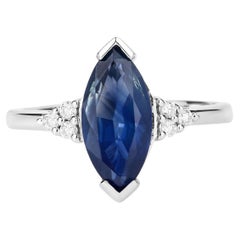 Natural Marquise 4.70 Carat Blue Sapphire and Diamond Ring 14K White Gold