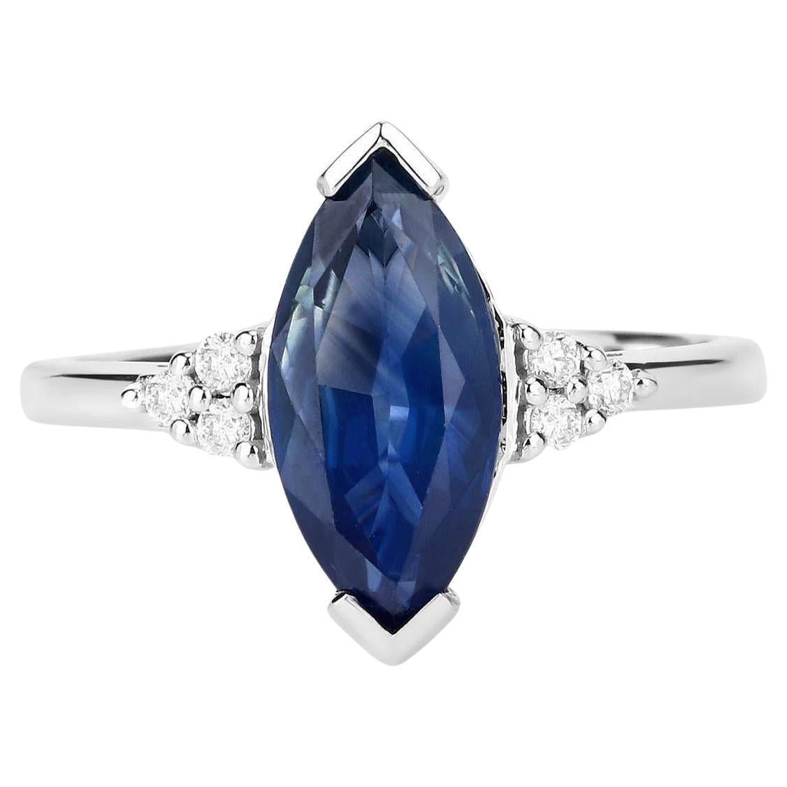 Natural Marquise 4.70 Carat Blue Sapphire and Diamond Ring 14K White Gold