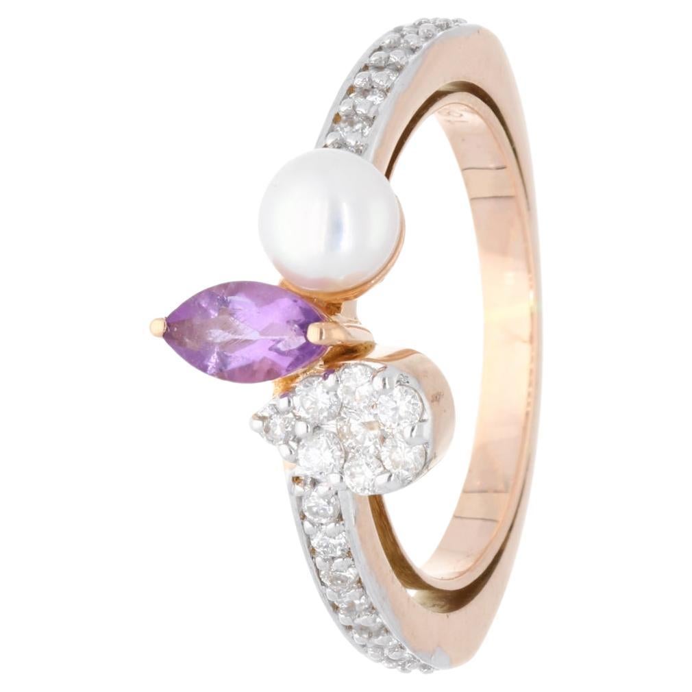 Taglio marquise Anello di perle ametiste marquise naturali SI/H Diamond Gioielli in oro rosa 18k in vendita