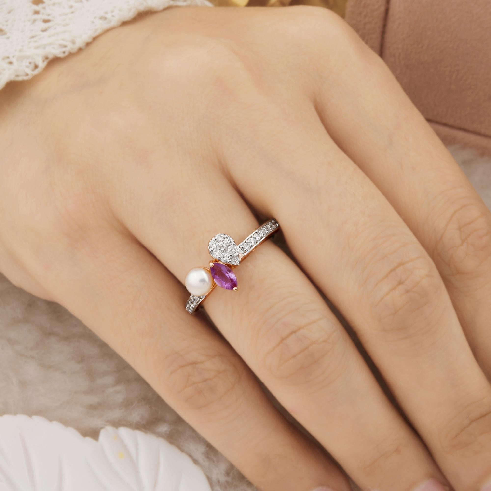 Anello di perle ametiste marquise naturali SI/H Diamond Gioielli in oro rosa 18k in vendita 1