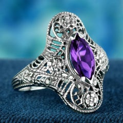 Natural Marquise Amethyst Vintage Style Filigree Cocktail Ring in Solid 9K Gold