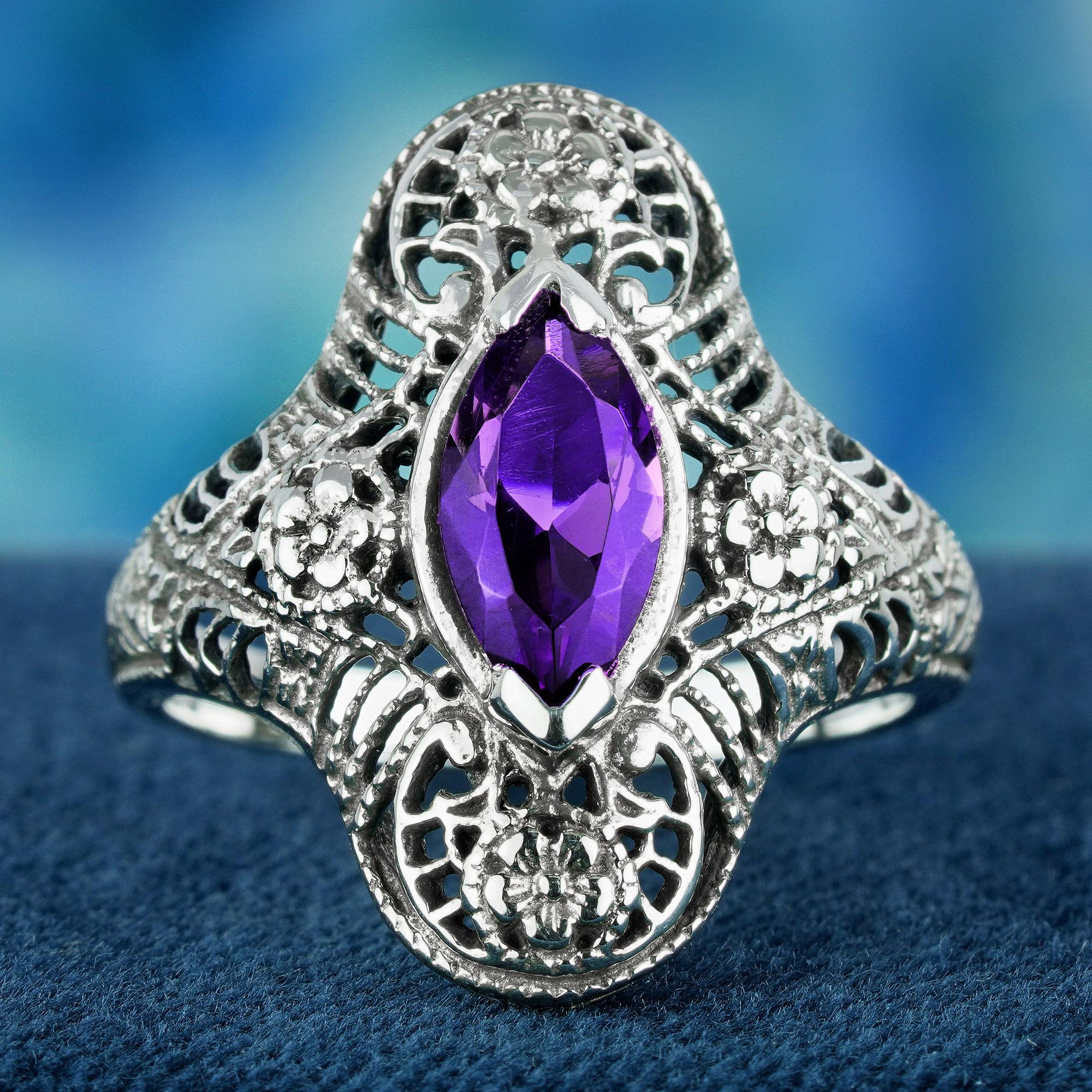 Edwardian Natural Marquise Amethyst Vintage Style Filigree Cocktail Ring in Solid 9K Gold For Sale