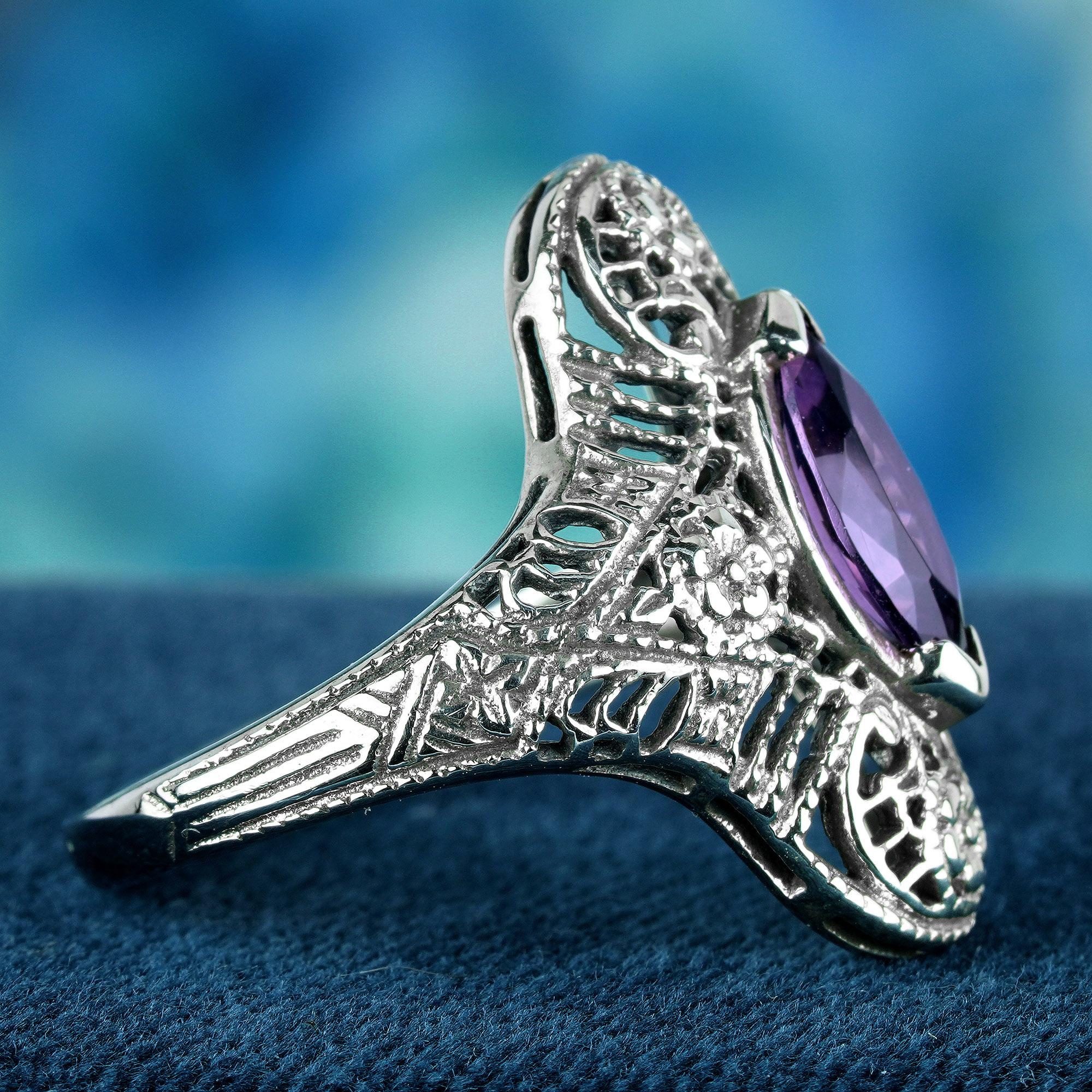 Marquise Cut Natural Marquise Amethyst Vintage Style Filigree Cocktail Ring in Solid 9K Gold For Sale