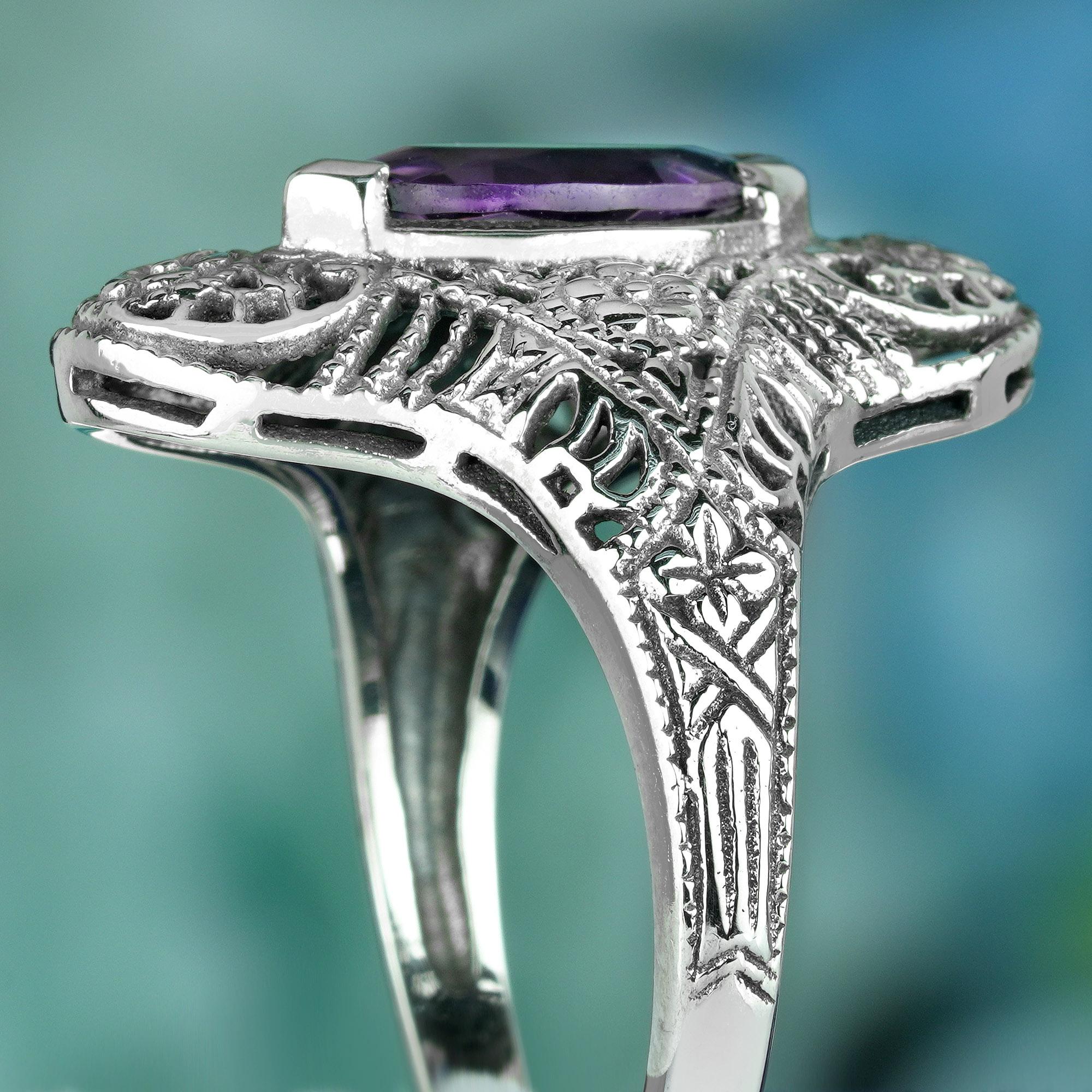 Women's or Men's Natural Marquise Amethyst Vintage Style Filigree Cocktail Ring in Solid 9K Gold For Sale
