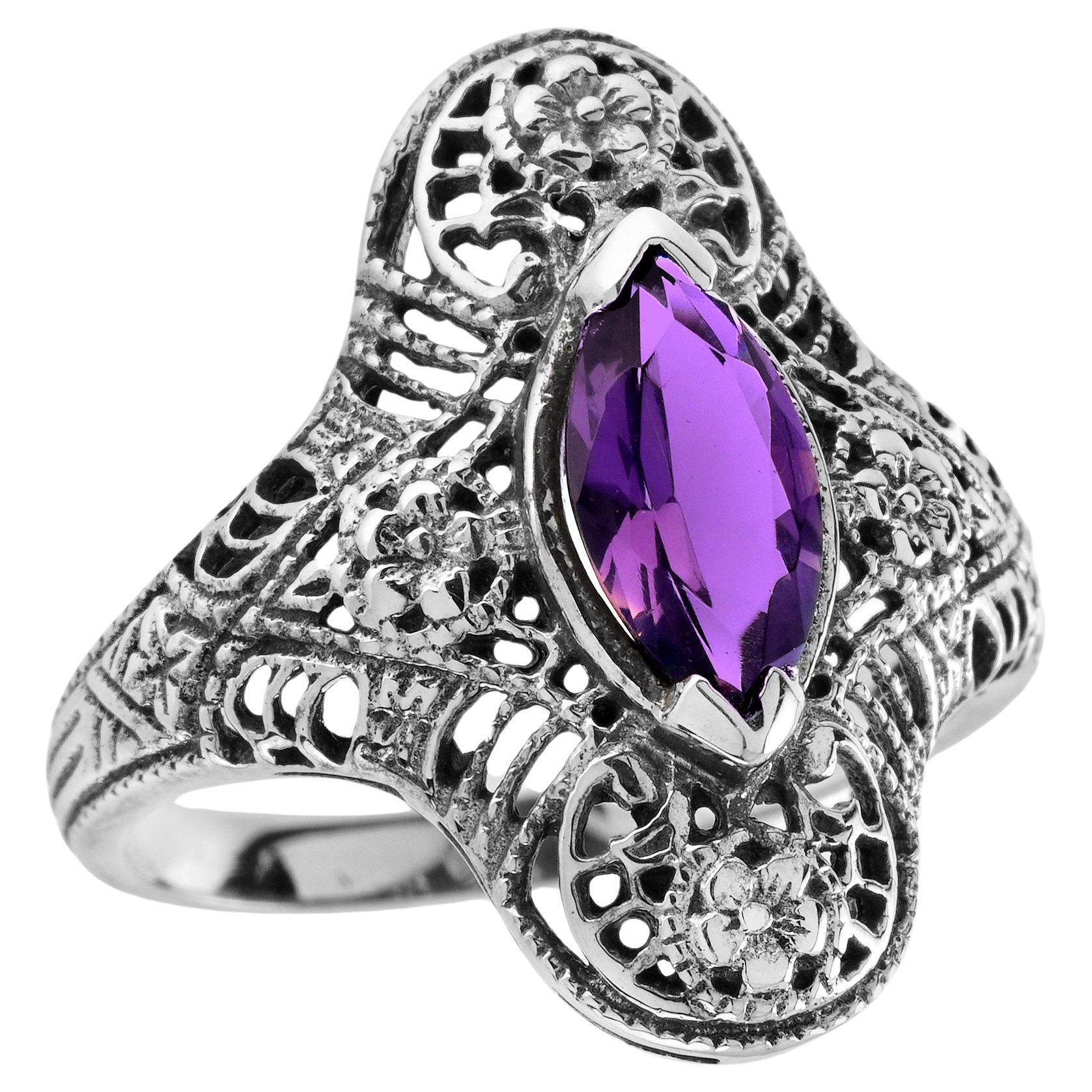 Natural Marquise Amethyst Vintage Style Filigree Cocktail Ring in Solid 9K Gold For Sale