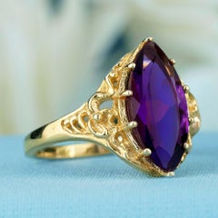 Natural Marquise Amethyst Vintage Style  Filigree Ring in Solid 9K Yellow Gold