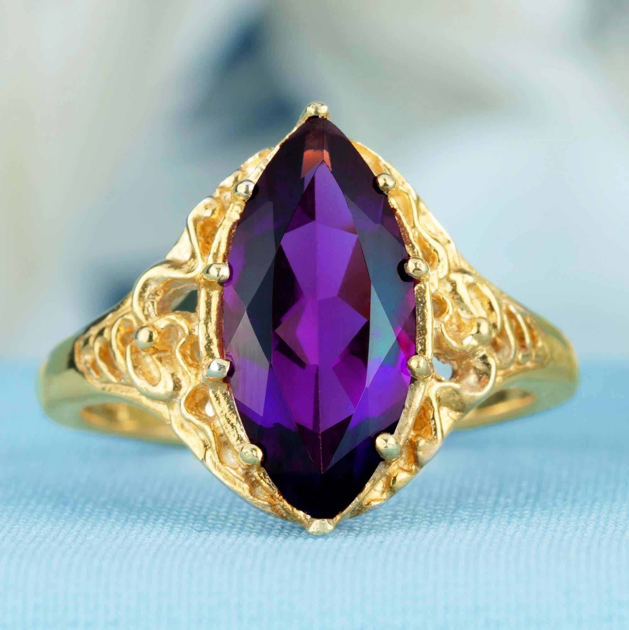 Edoardiano Ametista Marquise Naturale Stile Vintage  Anello in filigrana in oro giallo massiccio 9K in vendita