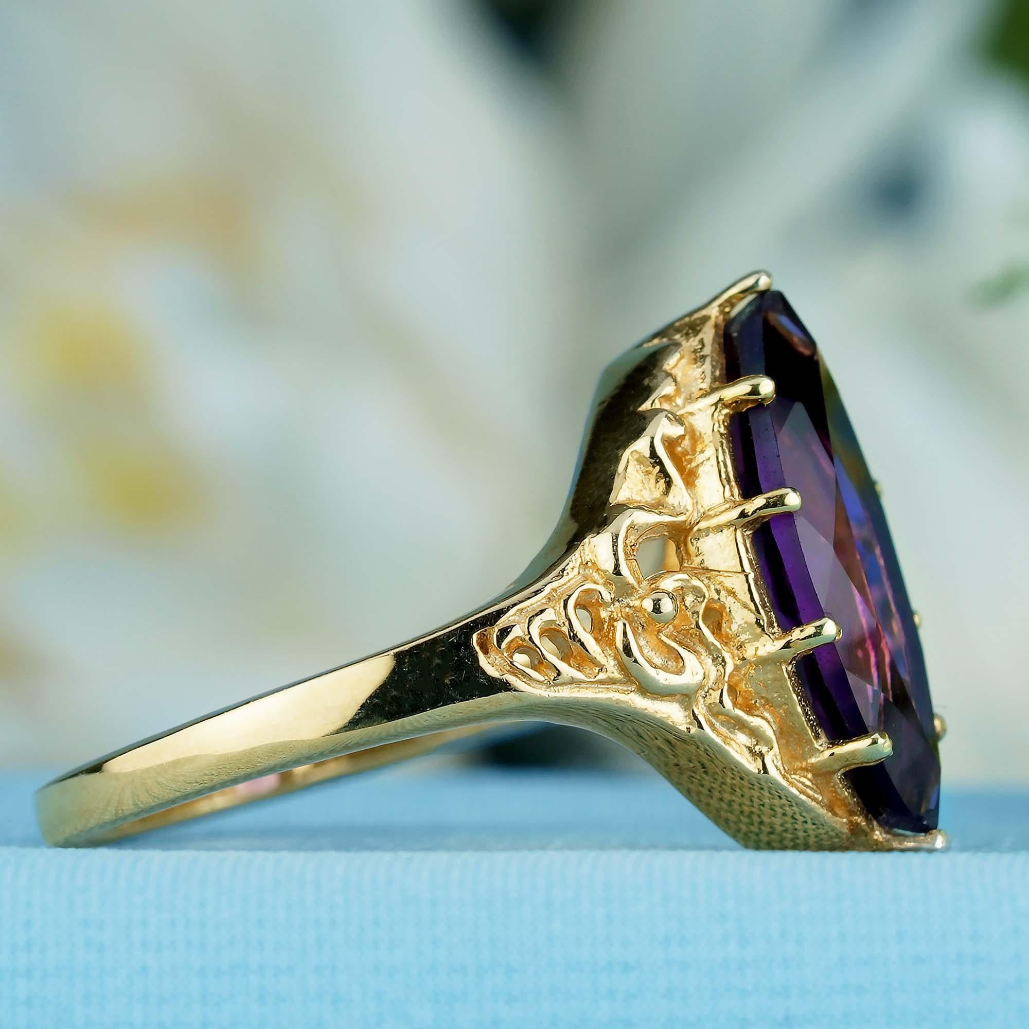 Taglio marquise Ametista Marquise Naturale Stile Vintage  Anello in filigrana in oro giallo massiccio 9K in vendita