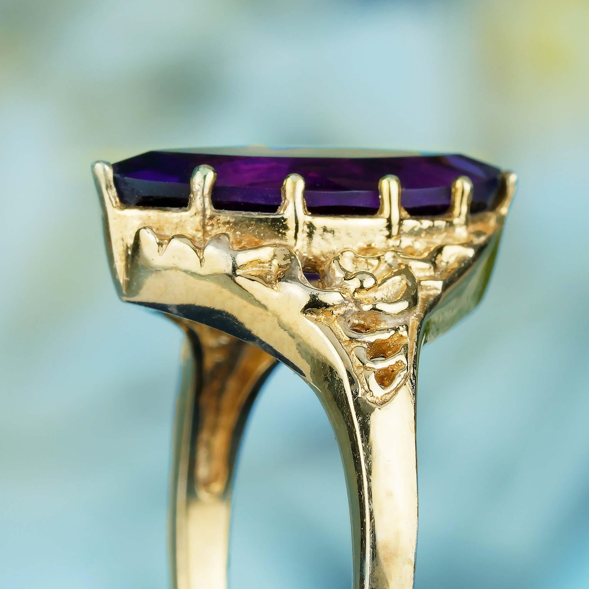 Donna Ametista Marquise Naturale Stile Vintage  Anello in filigrana in oro giallo massiccio 9K in vendita