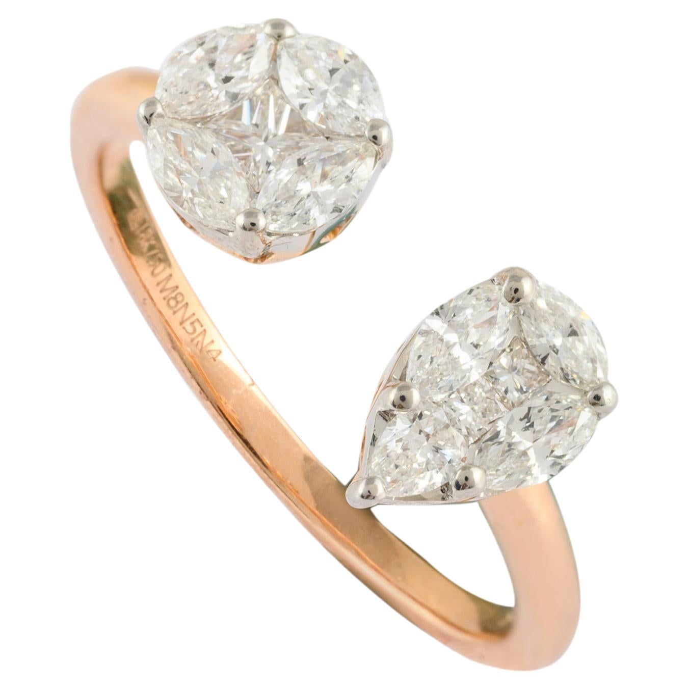 For Sale:  Natural Marquise and Round Shape Cluster Diamonds Open Ring 18kt Solid Rose Gold