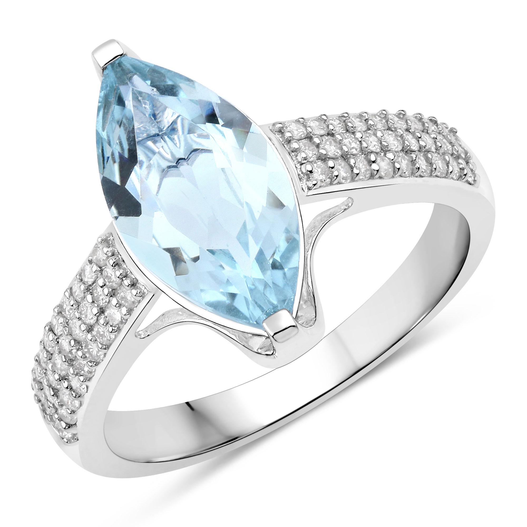 Marquise Cut Natural Marquise Aquamarine and Diamond Ring 14K White Gold For Sale