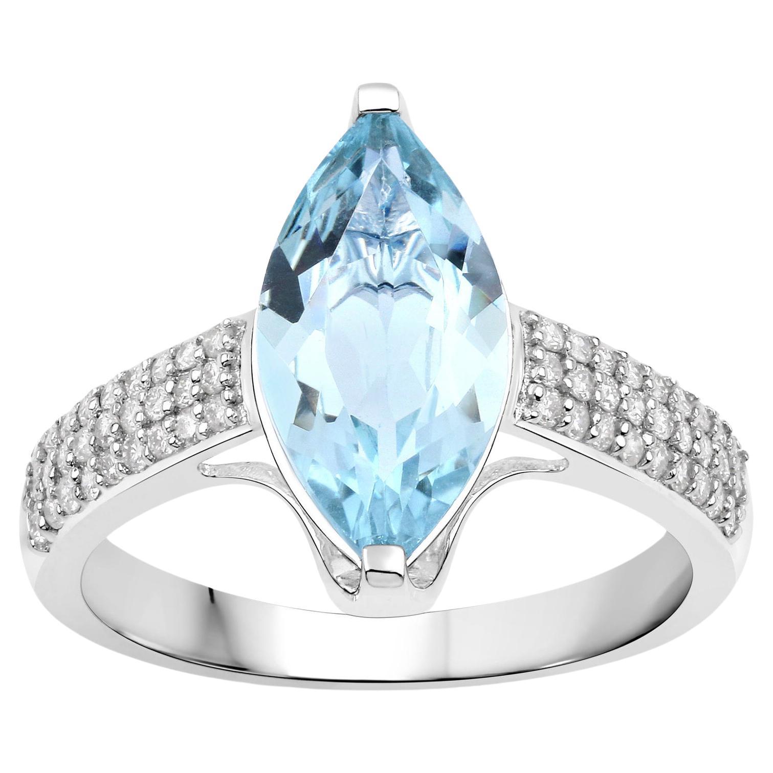 Natural Marquise Aquamarine and Diamond Ring 14K White Gold For Sale