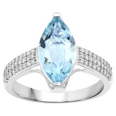 Natural Marquise Aquamarine and Diamond Ring 14K White Gold