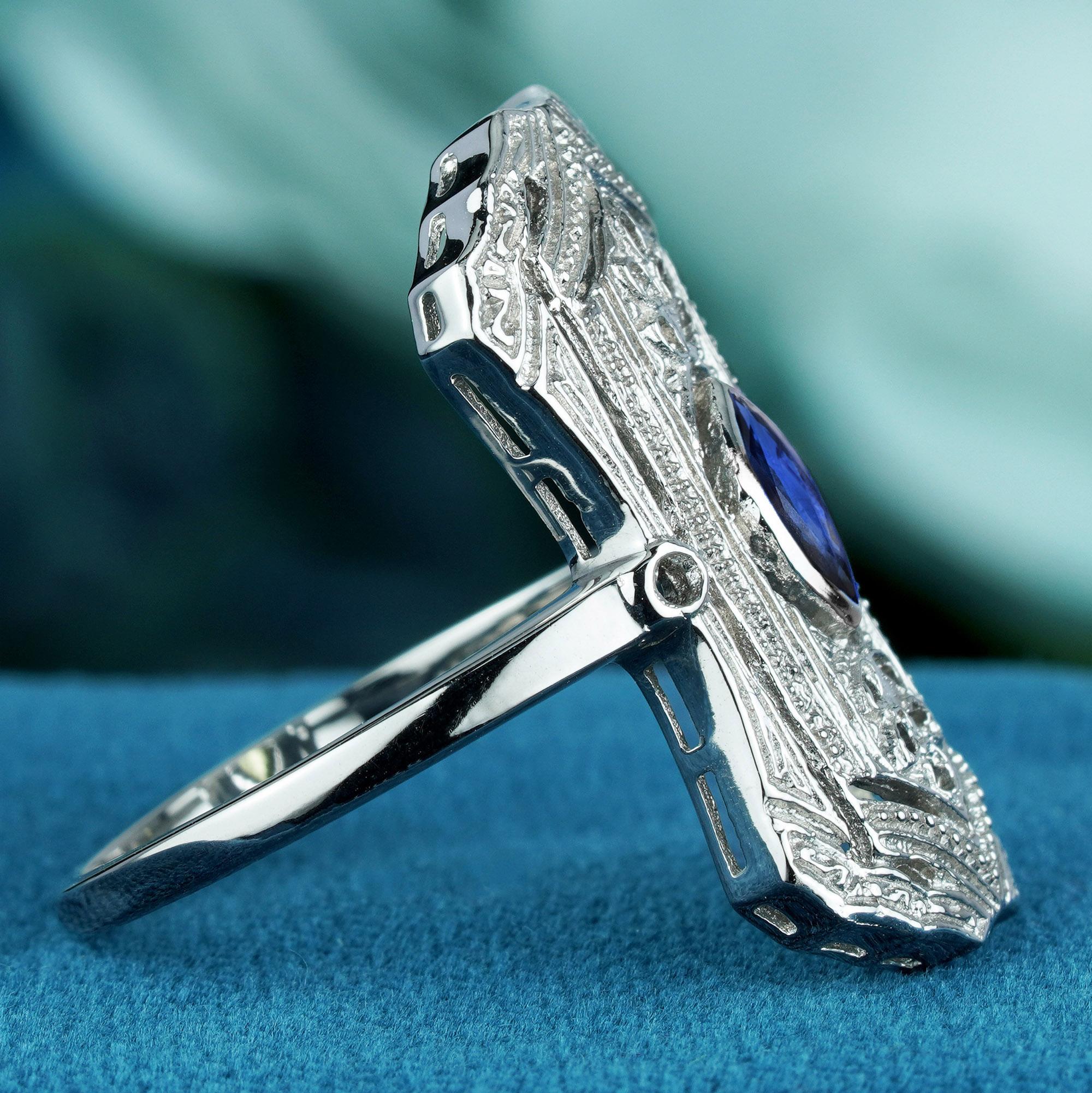 Taille Marquise Bague de style Art déco en or blanc massif 9 carats avec saphir bleu marquise naturel en vente