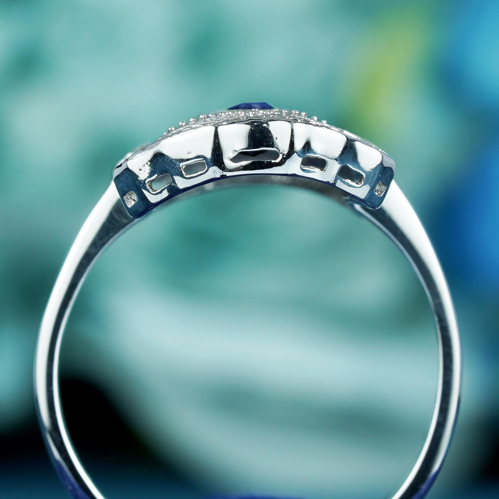 Bague de style Art déco en or blanc massif 9 carats avec saphir bleu marquise naturel Neuf - En vente à Bangkok, TH