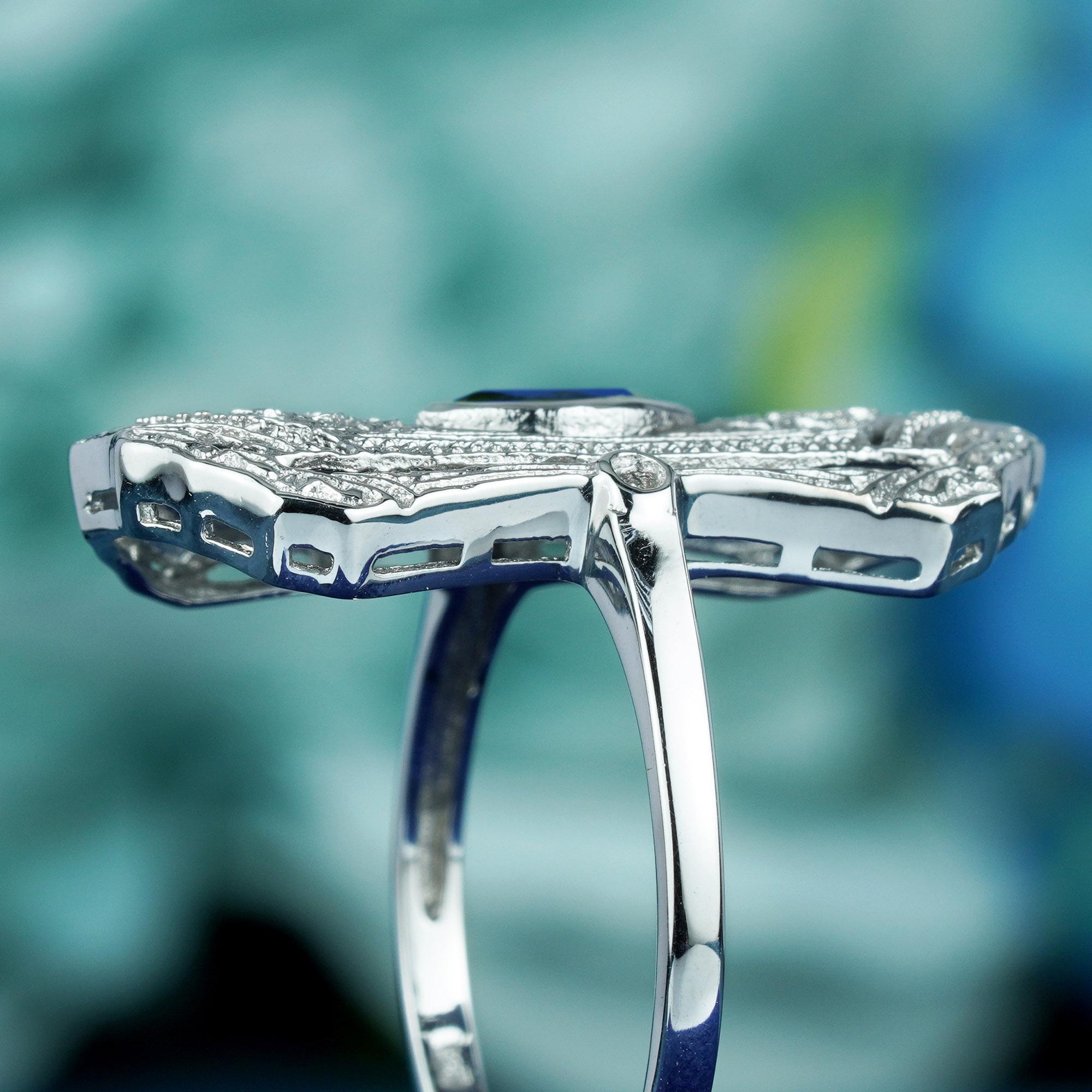 Bague de style Art déco en or blanc massif 9 carats avec saphir bleu marquise naturel Pour femmes en vente