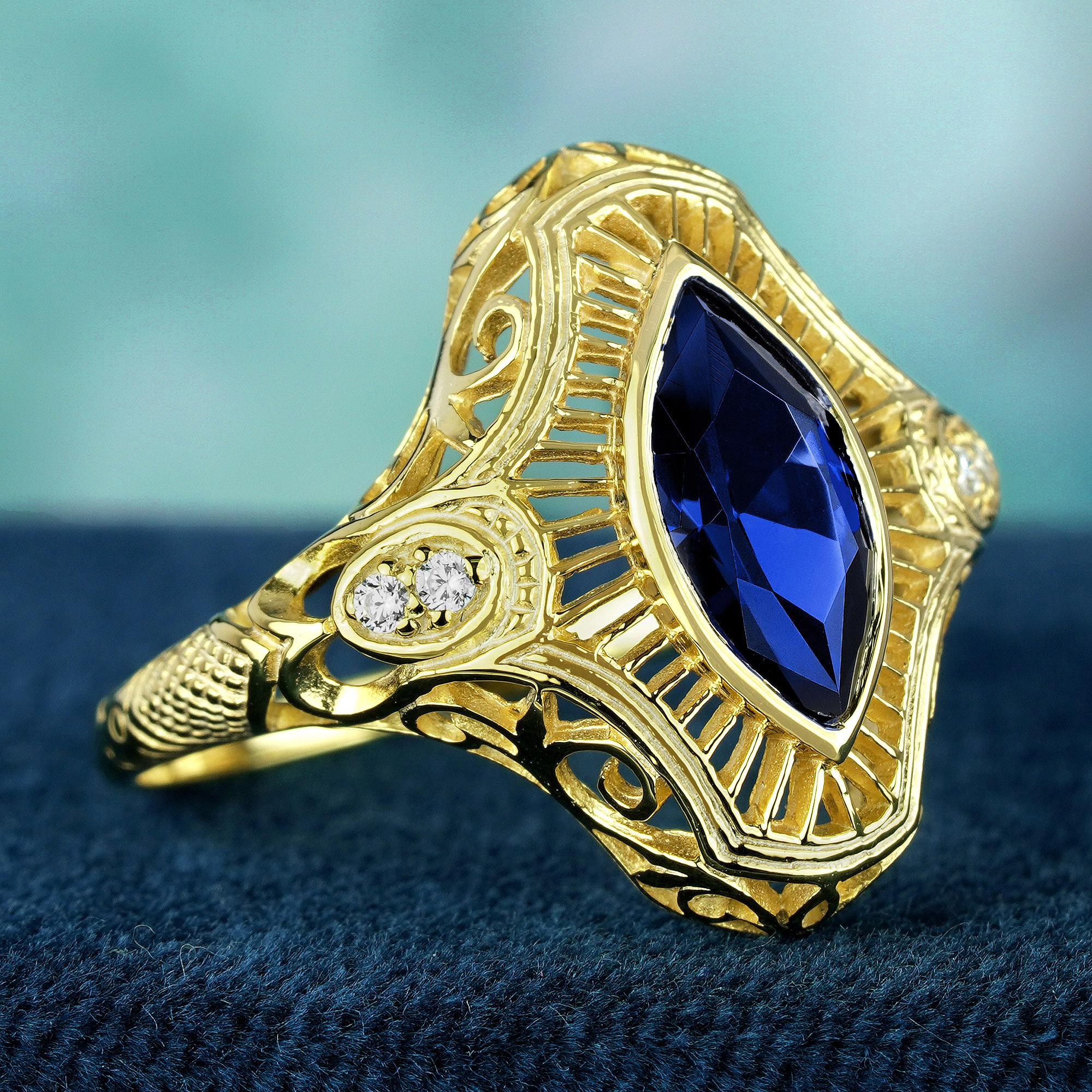 Édouardien Bague filigrane de style Art déco en or massif 9 carats avec saphir bleu marquise naturel en vente