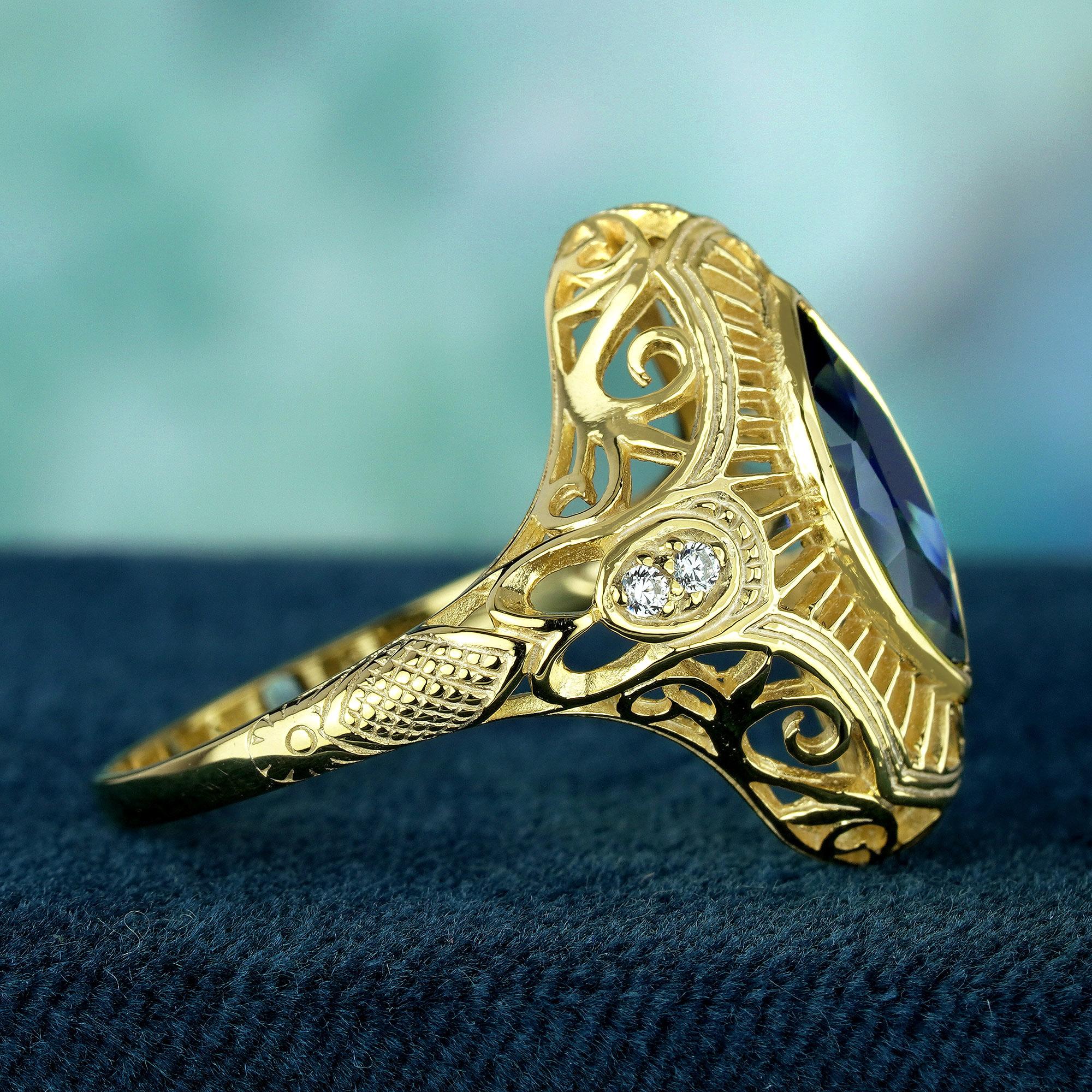 Marquise Cut Natural Marquise Blue Sapphire Art Deco Style filigree Ring in Solid 9K Gold For Sale
