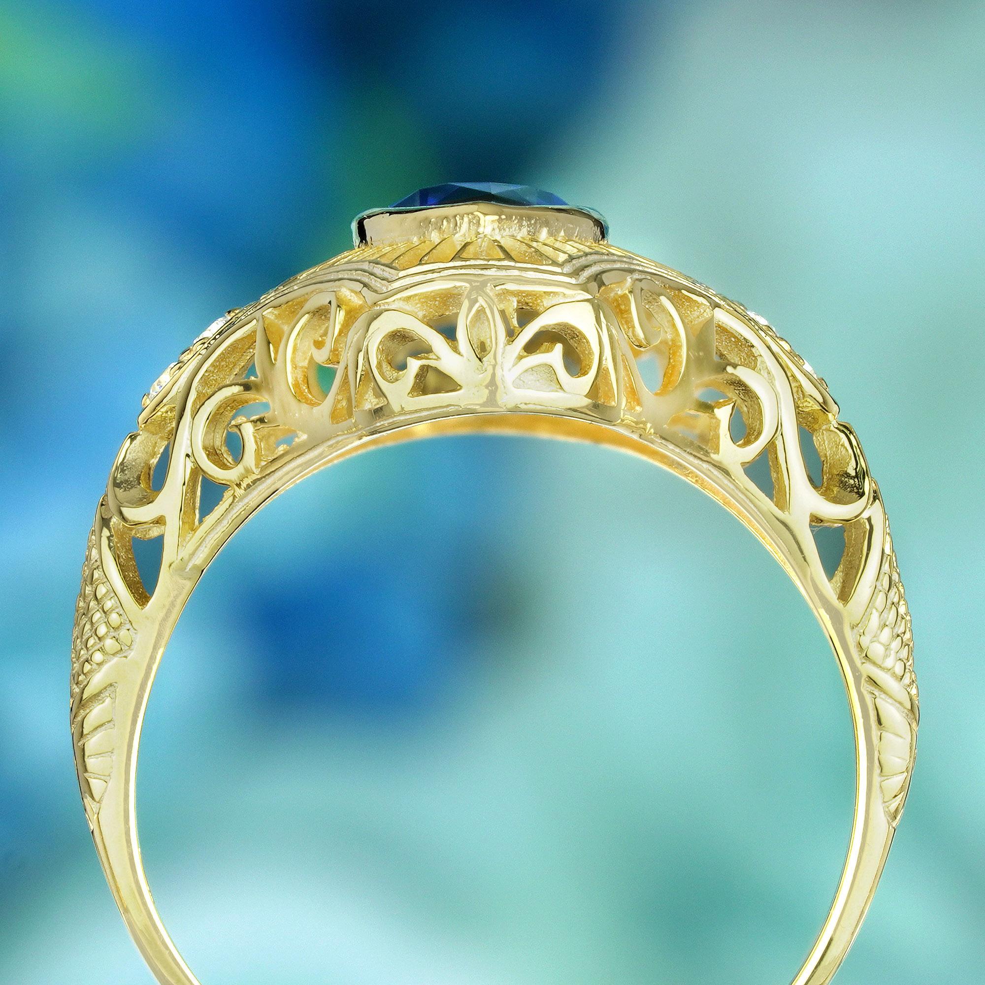 Natural Marquise Blue Sapphire Art Deco Style filigree Ring in Solid 9K Gold In New Condition For Sale In Bangkok, TH