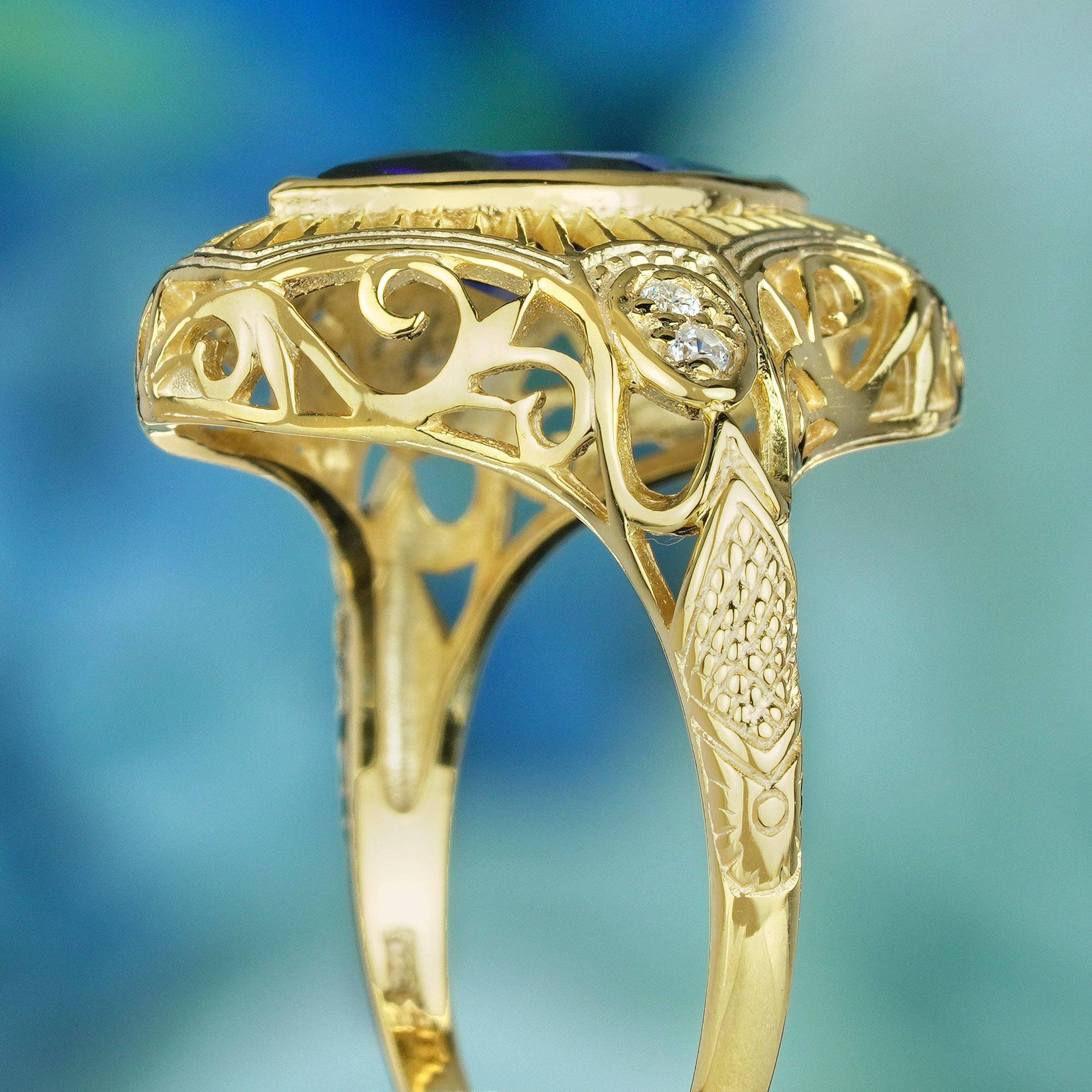 filigraner Ring aus massivem 9 Karat Gold mit natürlichem Marquise-Blauem Saphir im Art-déco-Stil Damen im Angebot