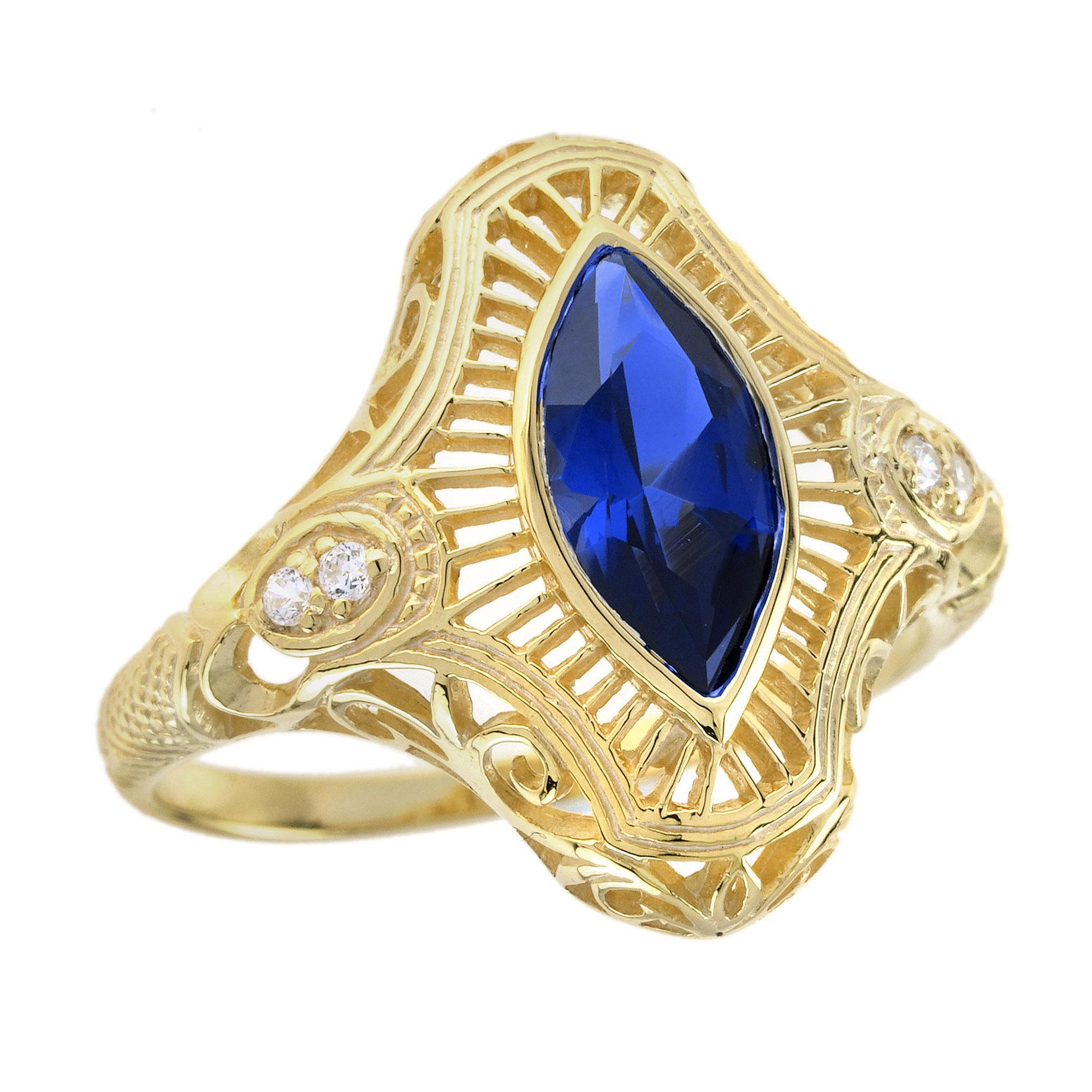 Natural Marquise Blue Sapphire Art Deco Style filigree Ring in Solid 9K Gold For Sale