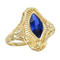 Natural Marquise Blue Sapphire Art Deco Style filigree Ring in Solid 9K Gold