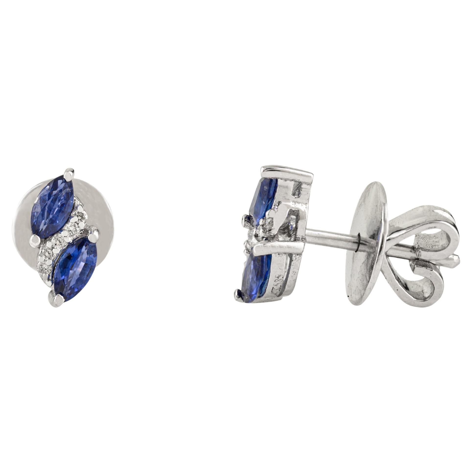 Natural Marquise Blue Sapphire
Diamond Cluster Stud Earrings in 14K White Gold