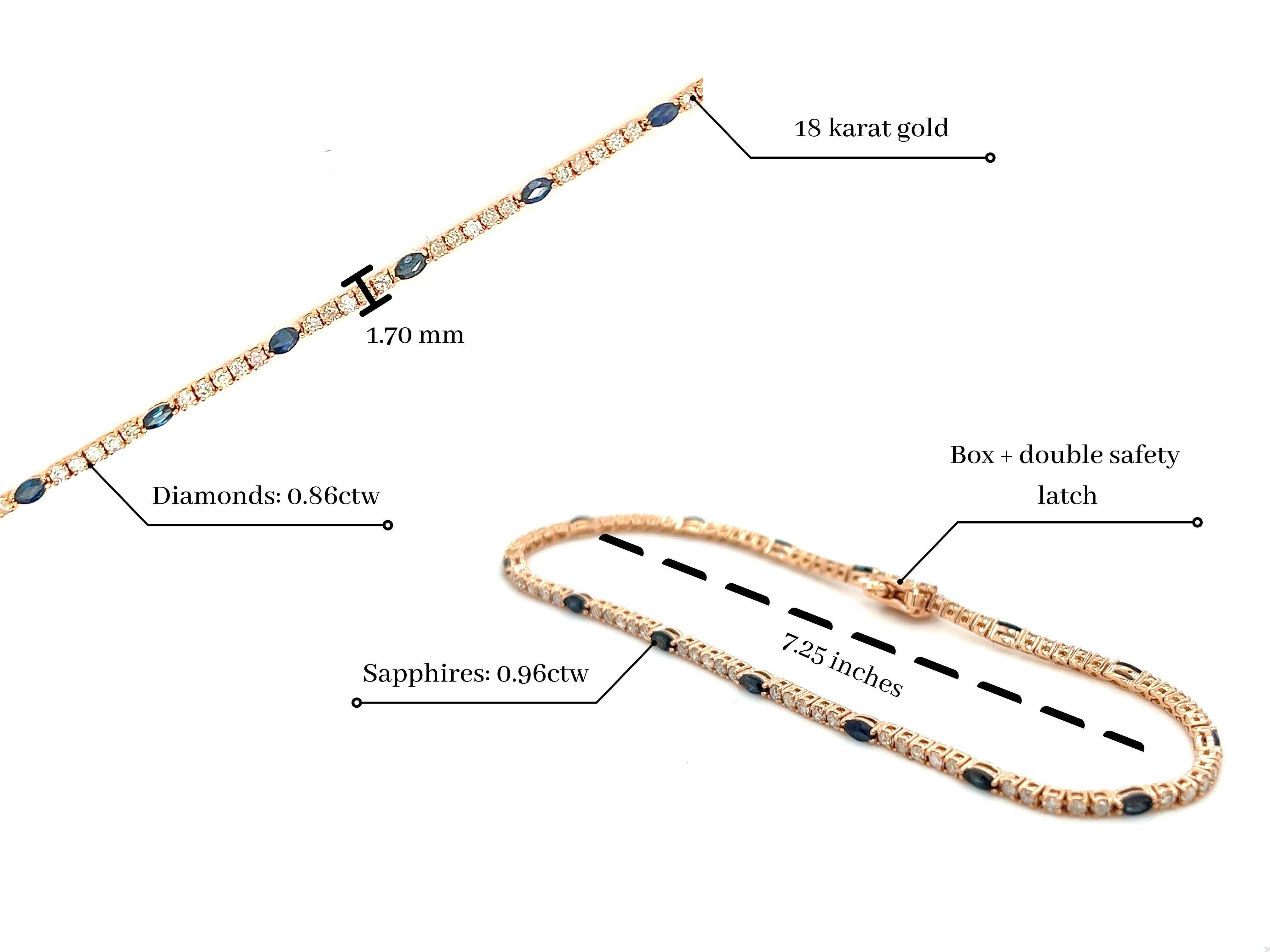 Art Déco Bracciale tennis con zaffiro blu marquise e diamante rotondo in oro rosa 18 carati Nature in vendita