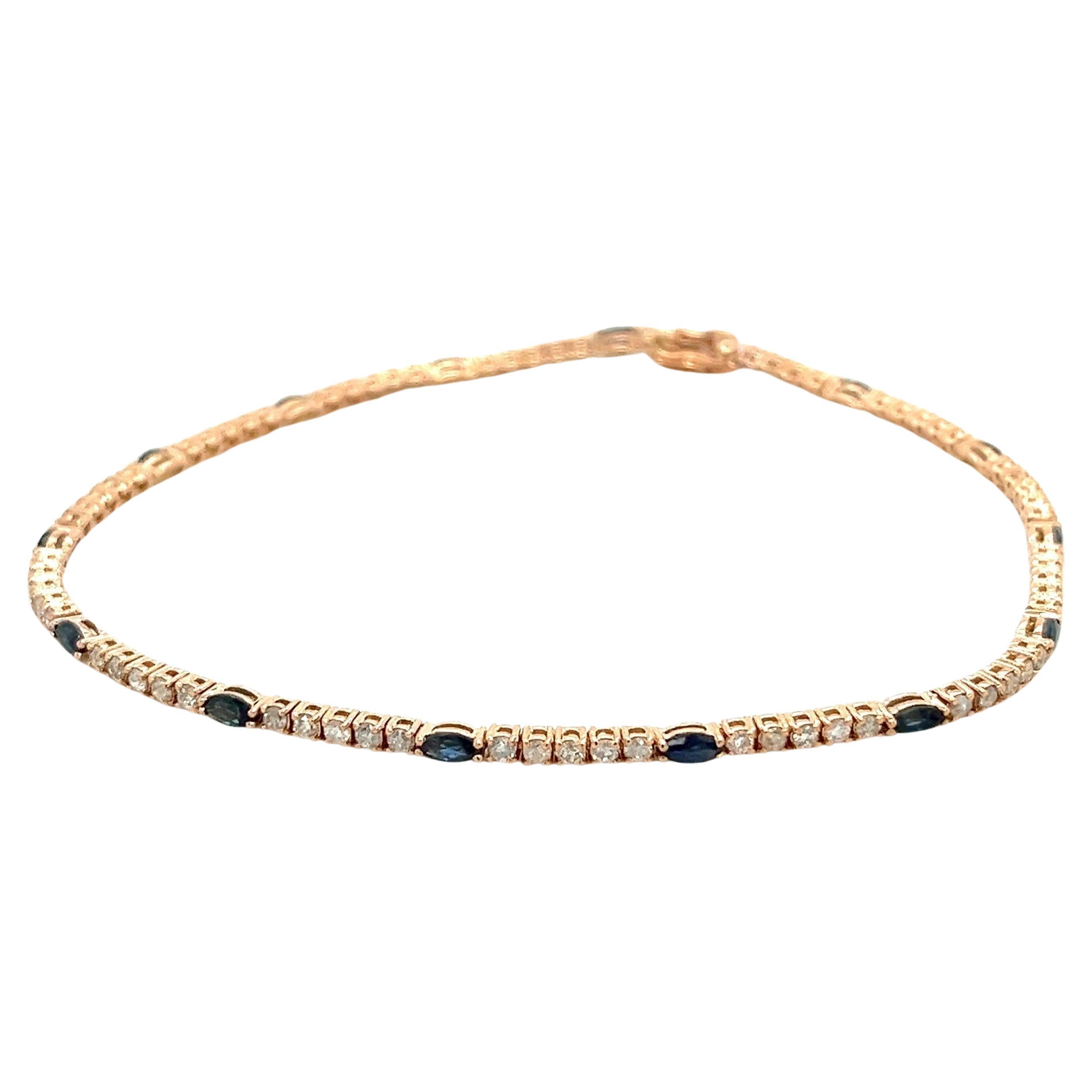 Tennisarmband aus 18 Karat Roségold mit natürlichem Marquise-Blauem Saphir und runden Diamanten