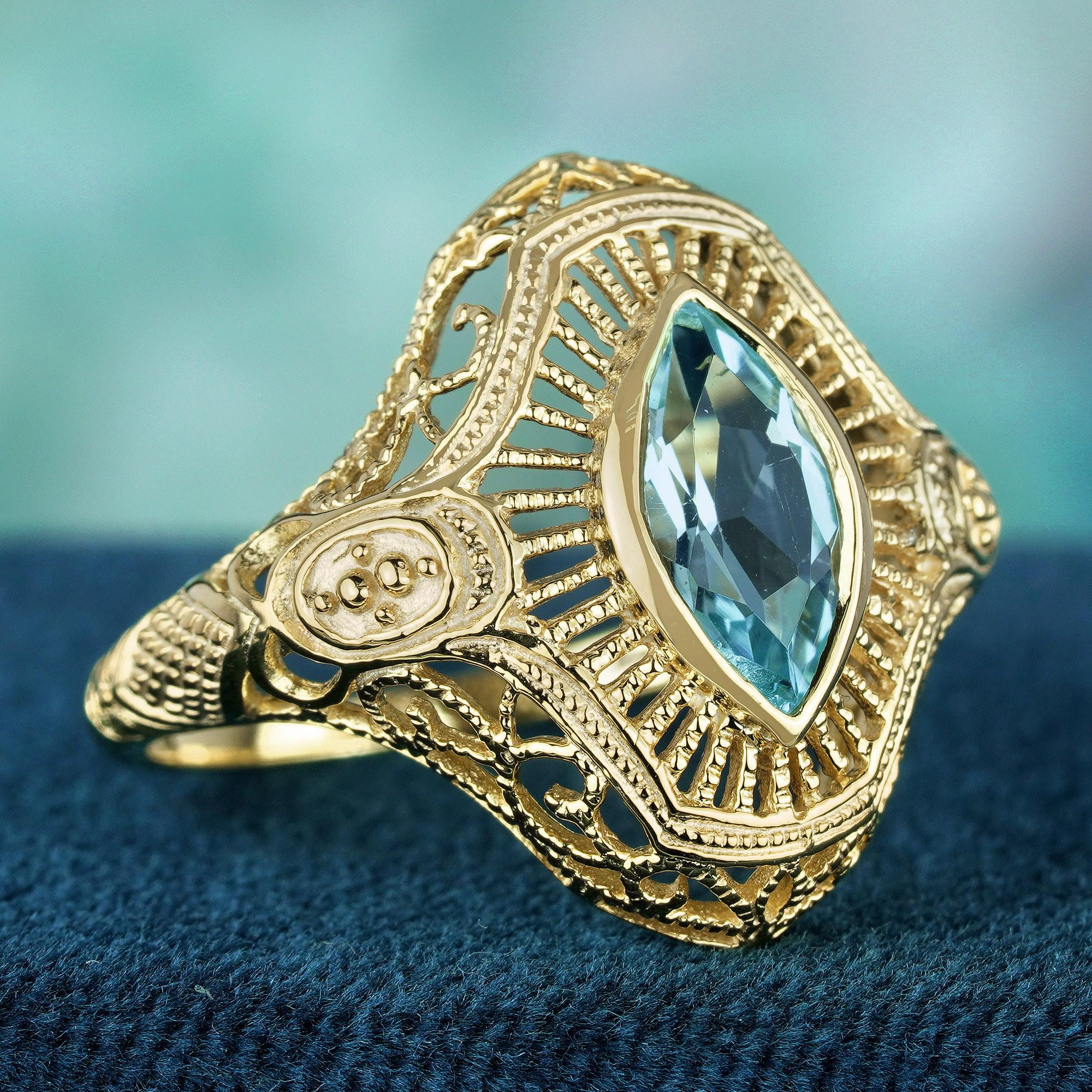 Edwardian Natural Marquise Blue Topaz Art Deco Style filigree Ring in Solid 9K Yellow Gold For Sale