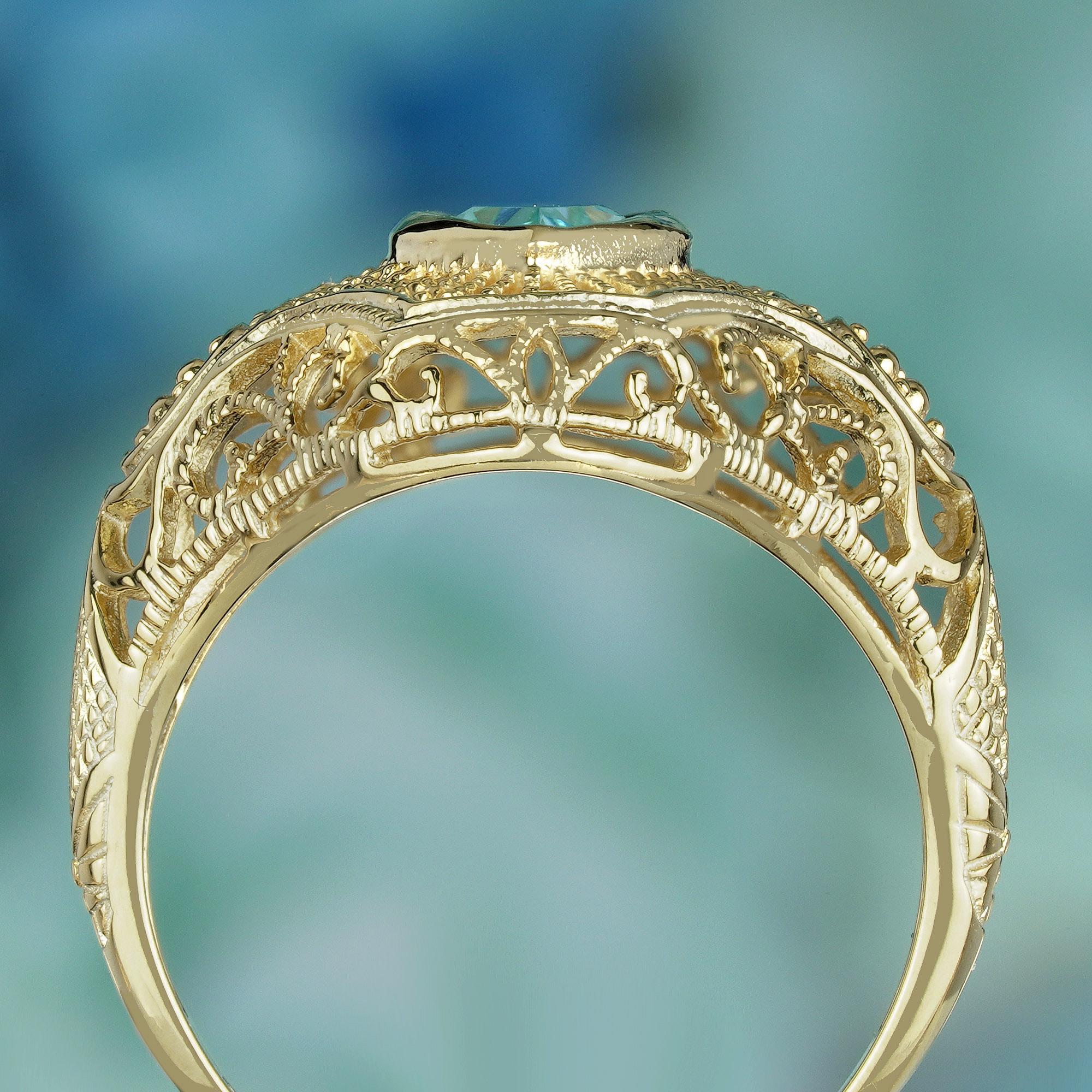 Natural Marquise Blue Topaz Art Deco Style filigree Ring in Solid 9K Yellow Gold In New Condition For Sale In Bangkok, TH