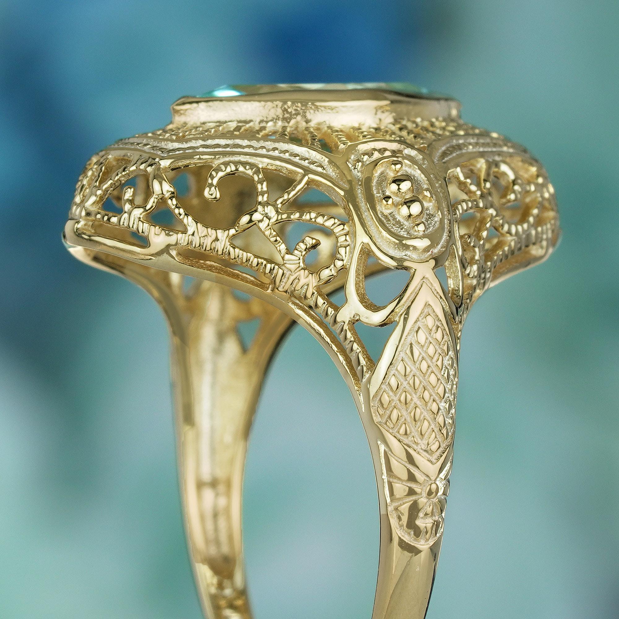 filigraner Ring aus massivem 9 Karat Gelbgold mit natürlichem Marquise-Blauem Topas im Art-déco-Stil Damen im Angebot