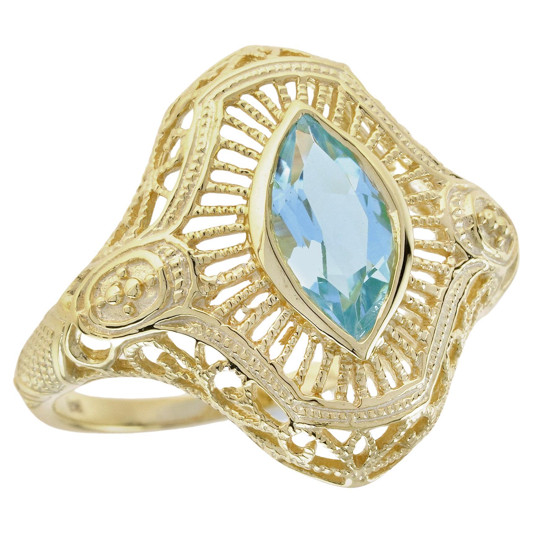 Natural Marquise Blue Topaz Art Deco Style filigree Ring in Solid 9K Yellow Gold For Sale