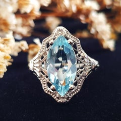 Natural Marquise Blue Topaz Filigree Ring in Solid 14K White Gold