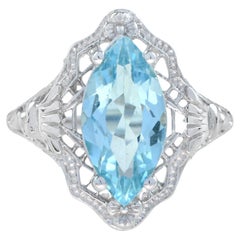 Natural Marquise Blue Topaz Filigree Ring in Solid 14K White Gold