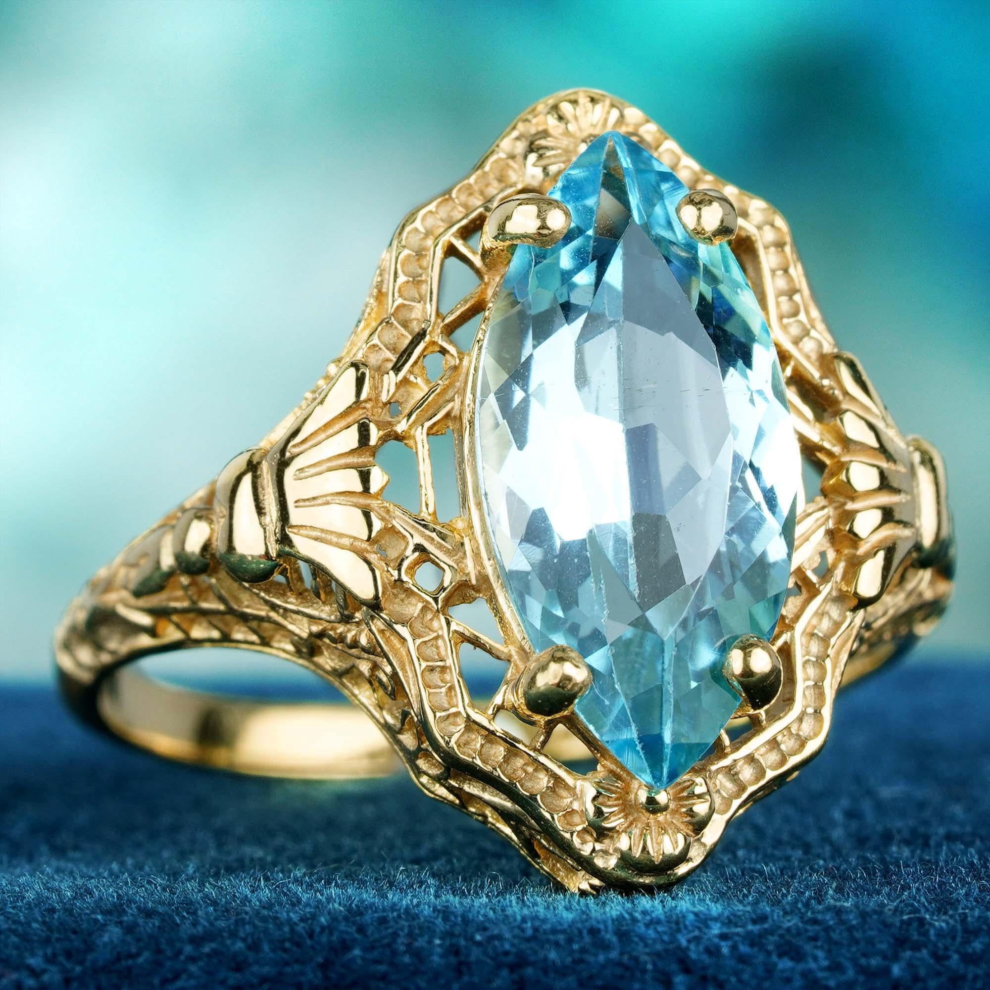 For Sale:  Natural Marquise Blue Topaz Vintage Style Filigree Ring in Solid 9K Gold 2