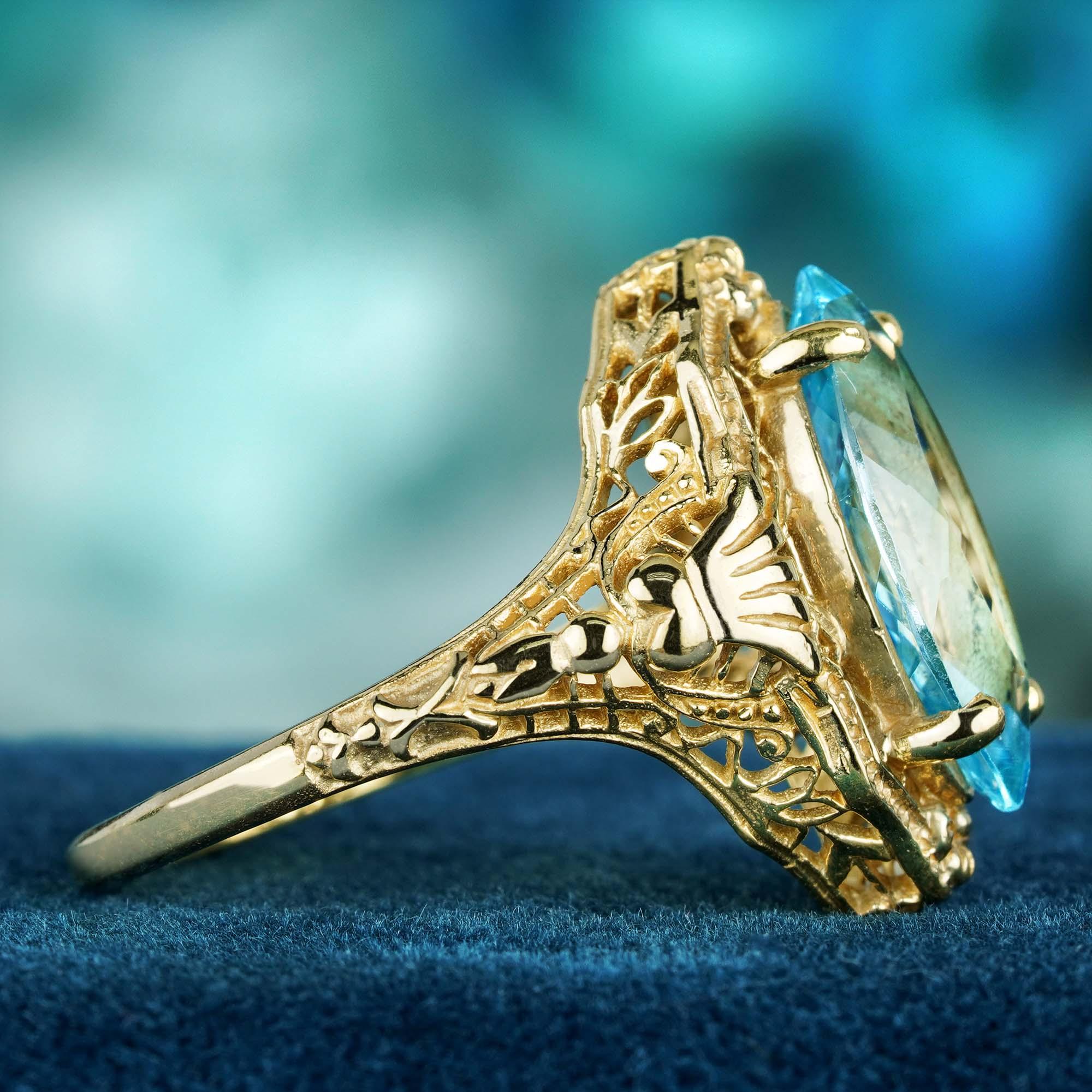 Taglio marquise Anello in filigrana in oro massiccio 9K con topazio blu marquise naturale e stile vintage in vendita