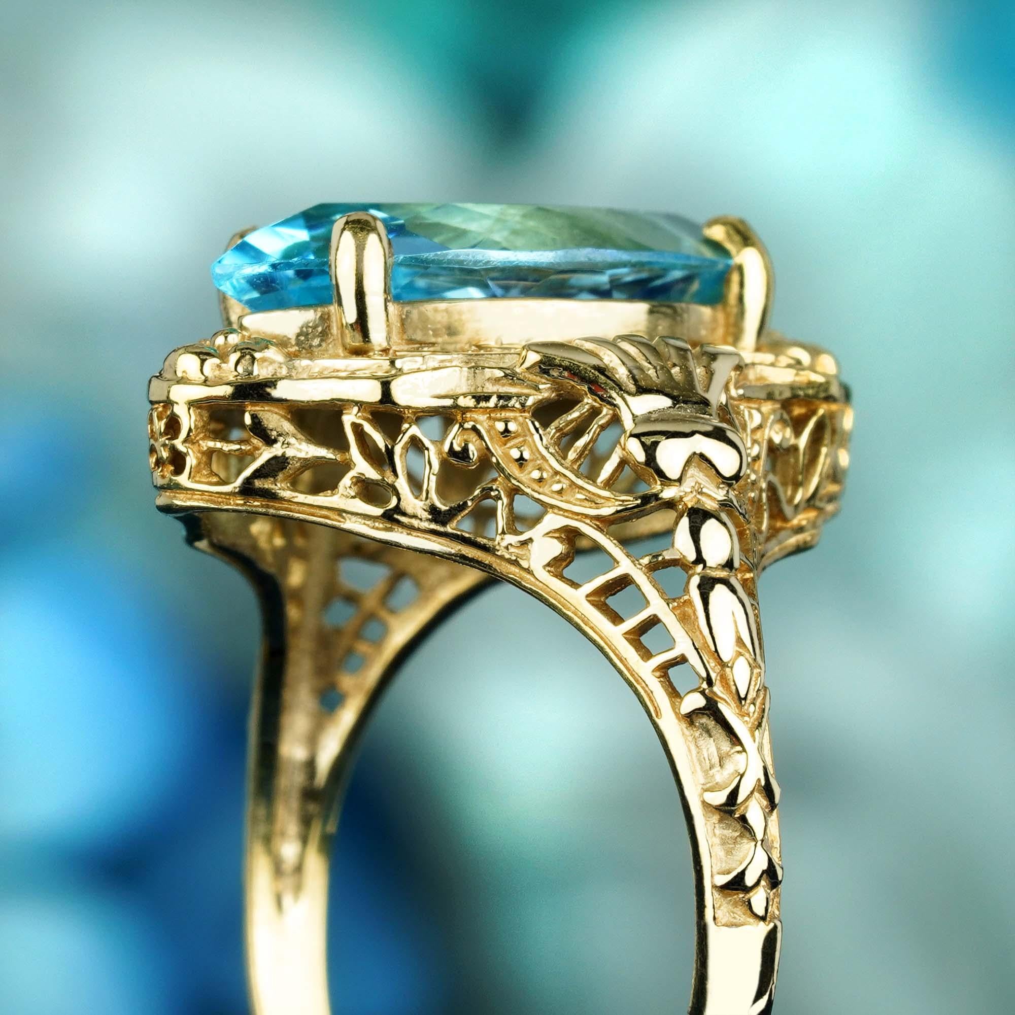 For Sale:  Natural Marquise Blue Topaz Vintage Style Filigree Ring in Solid 9K Gold 6
