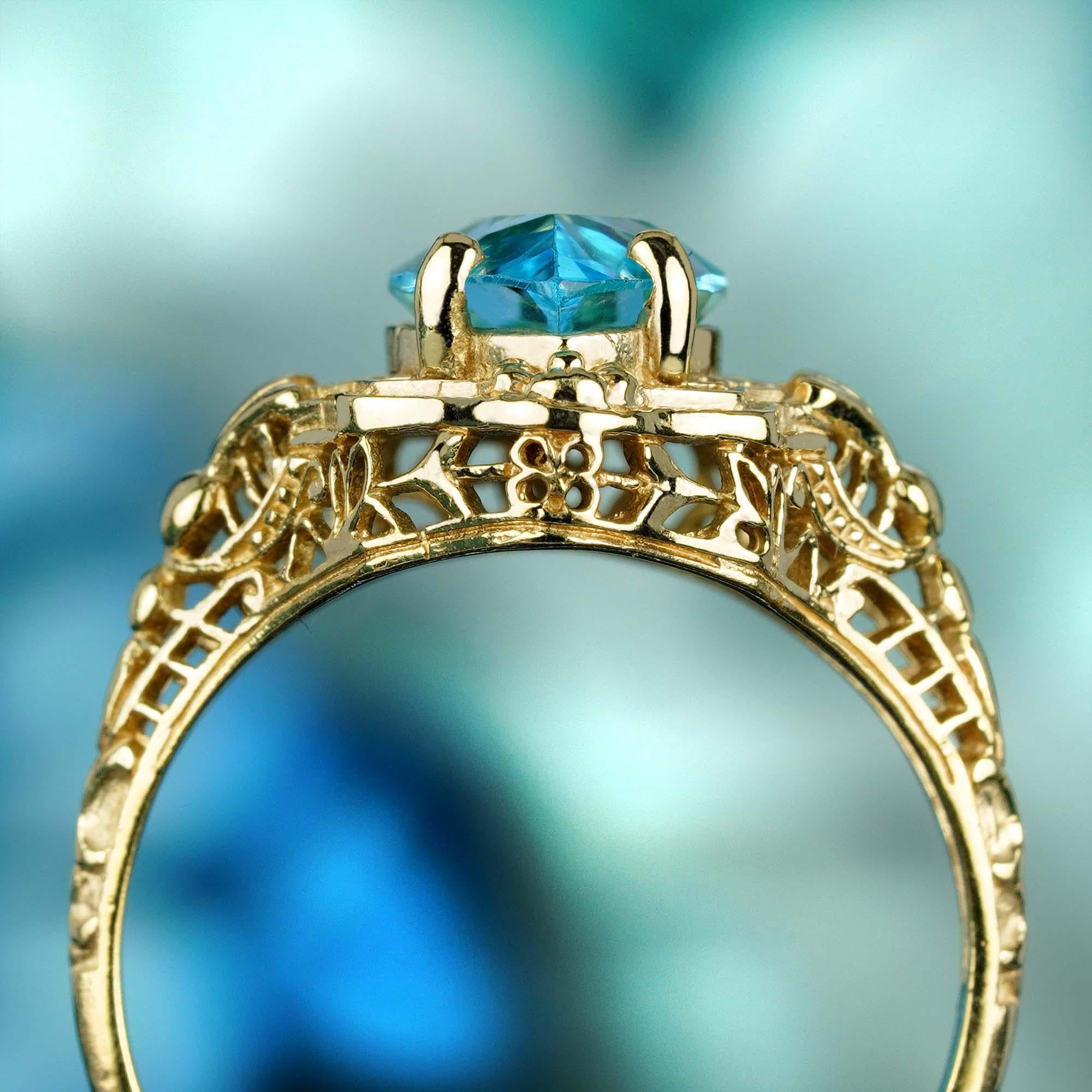 Anello in filigrana in oro massiccio 9K con topazio blu marquise naturale e stile vintage In condizioni Nuovo in vendita a Bangkok, TH