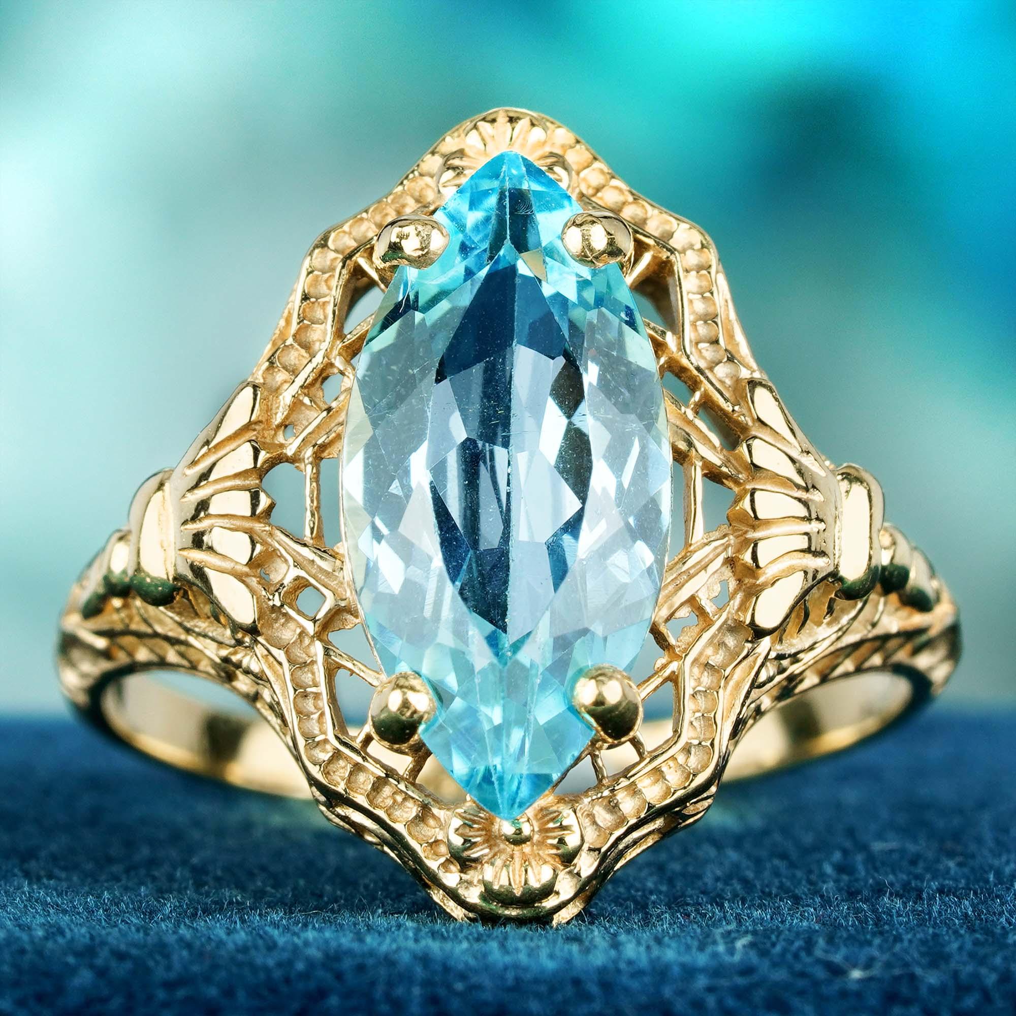 For Sale:  Natural Marquise Blue Topaz Vintage Style Filigree Ring in Solid 9K Gold 3
