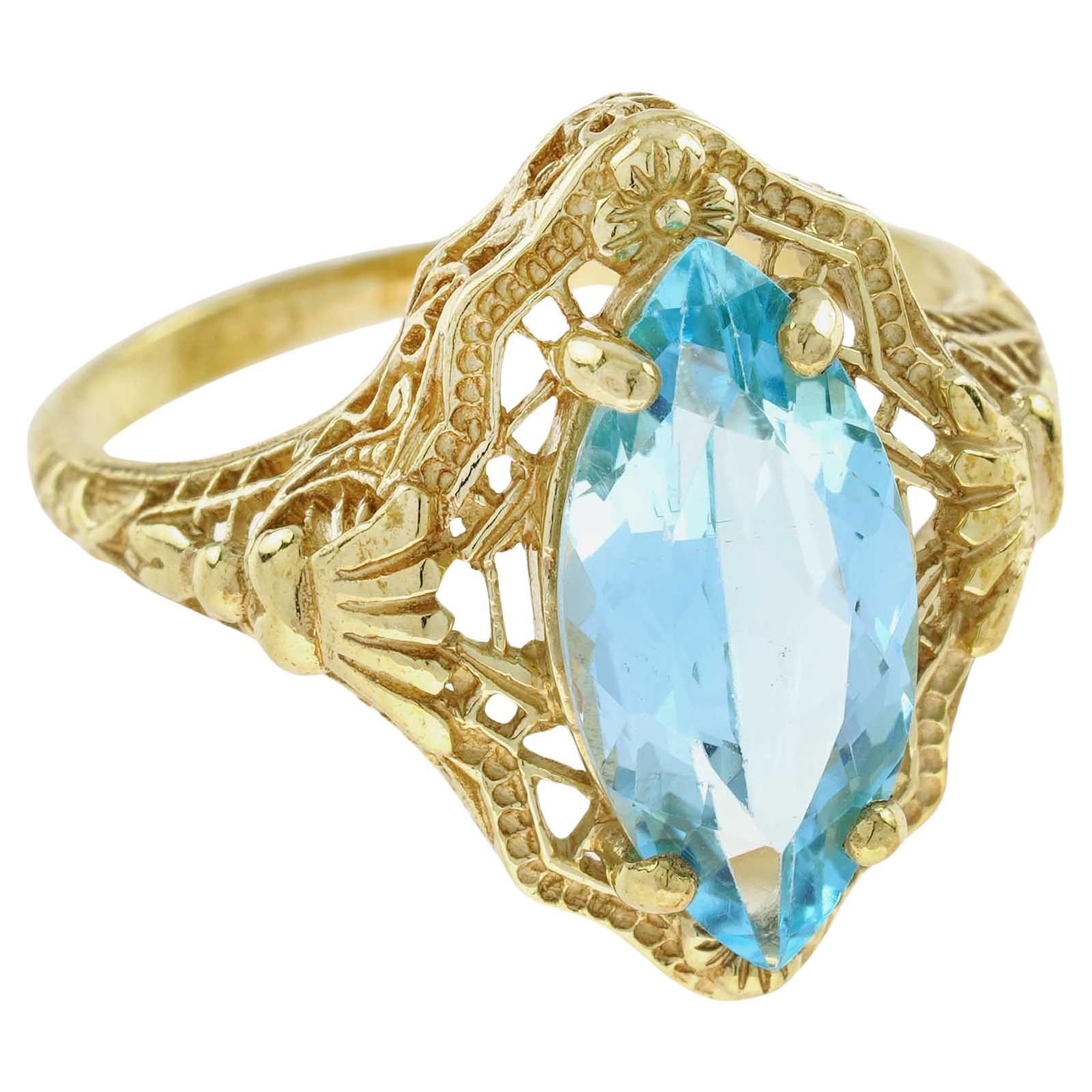 Filigraner Ring aus massivem 9 Karat Gold mit natürlichem Marquise-Blauem Topas im Vintage-Stil