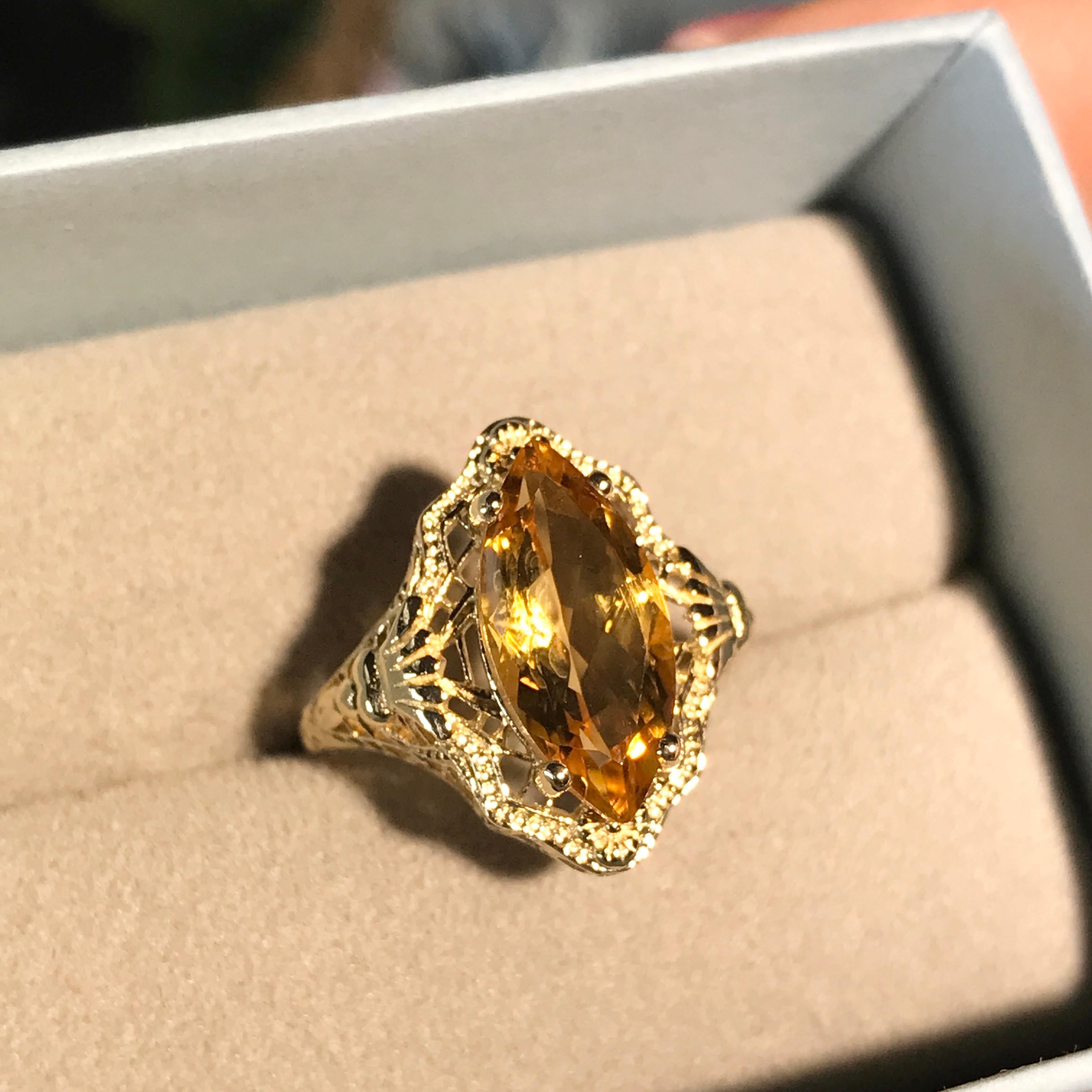 Natural Marquise Citrine Vintage Style Filigree Ring in Solid 9K Yellow Gold For Sale 4