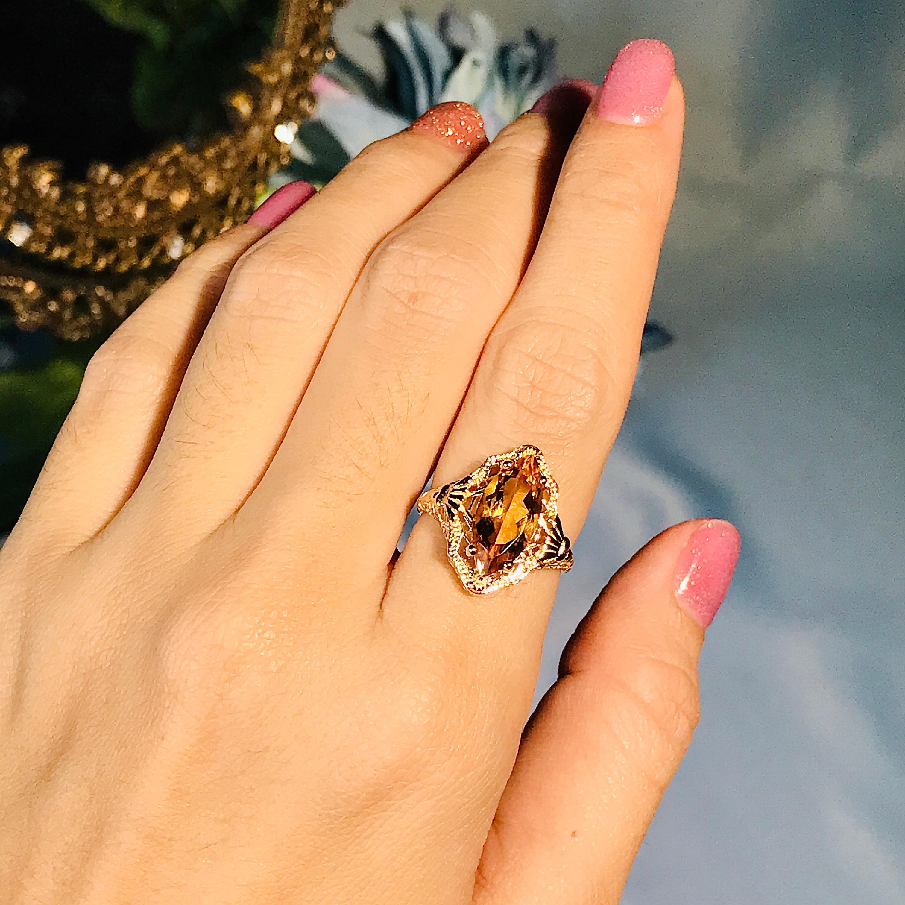 Natural Marquise Citrine Vintage Style Filigree Ring in Solid 9K Yellow Gold For Sale 5
