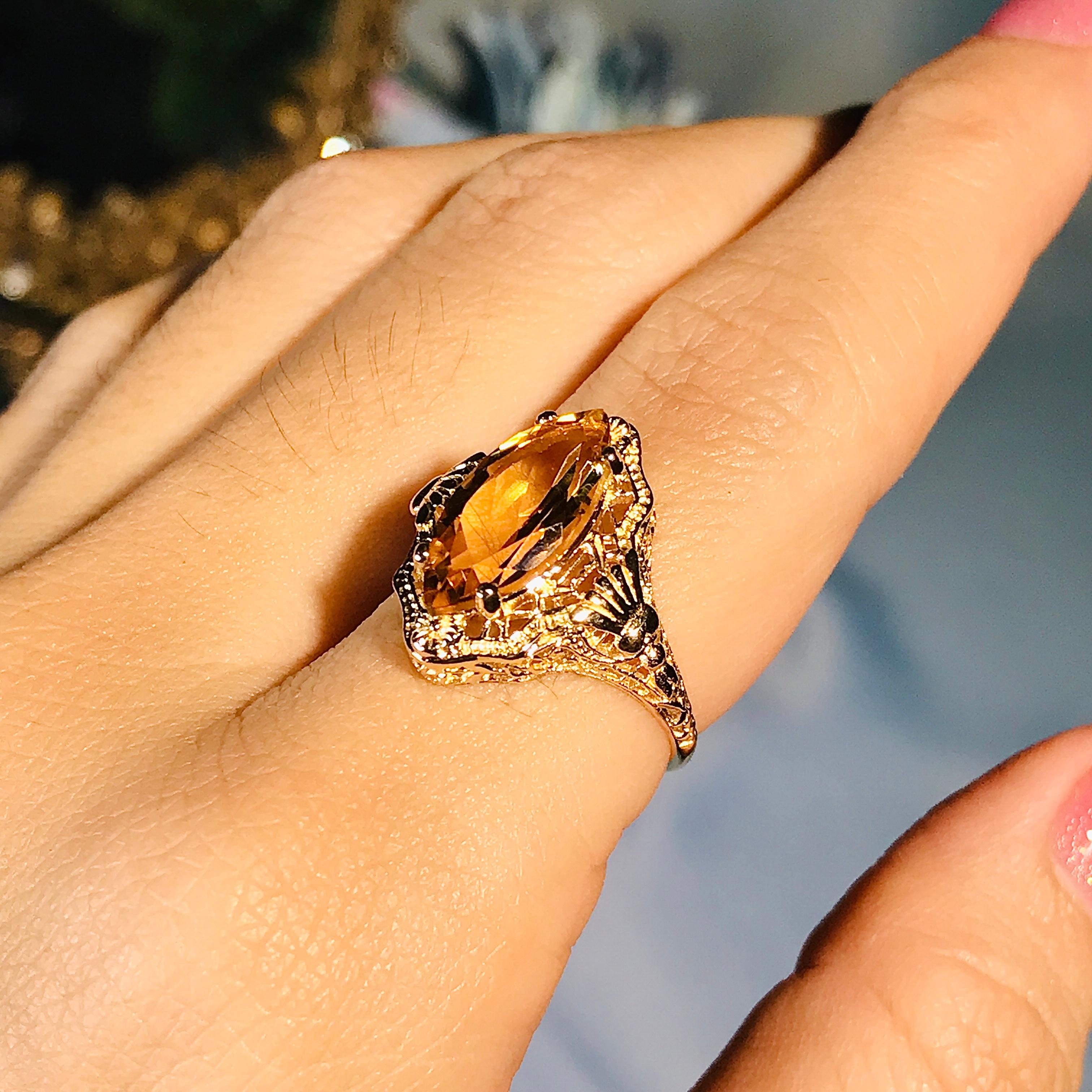 Natural Marquise Citrine Vintage Style Filigree Ring in Solid 9K Yellow Gold For Sale 6