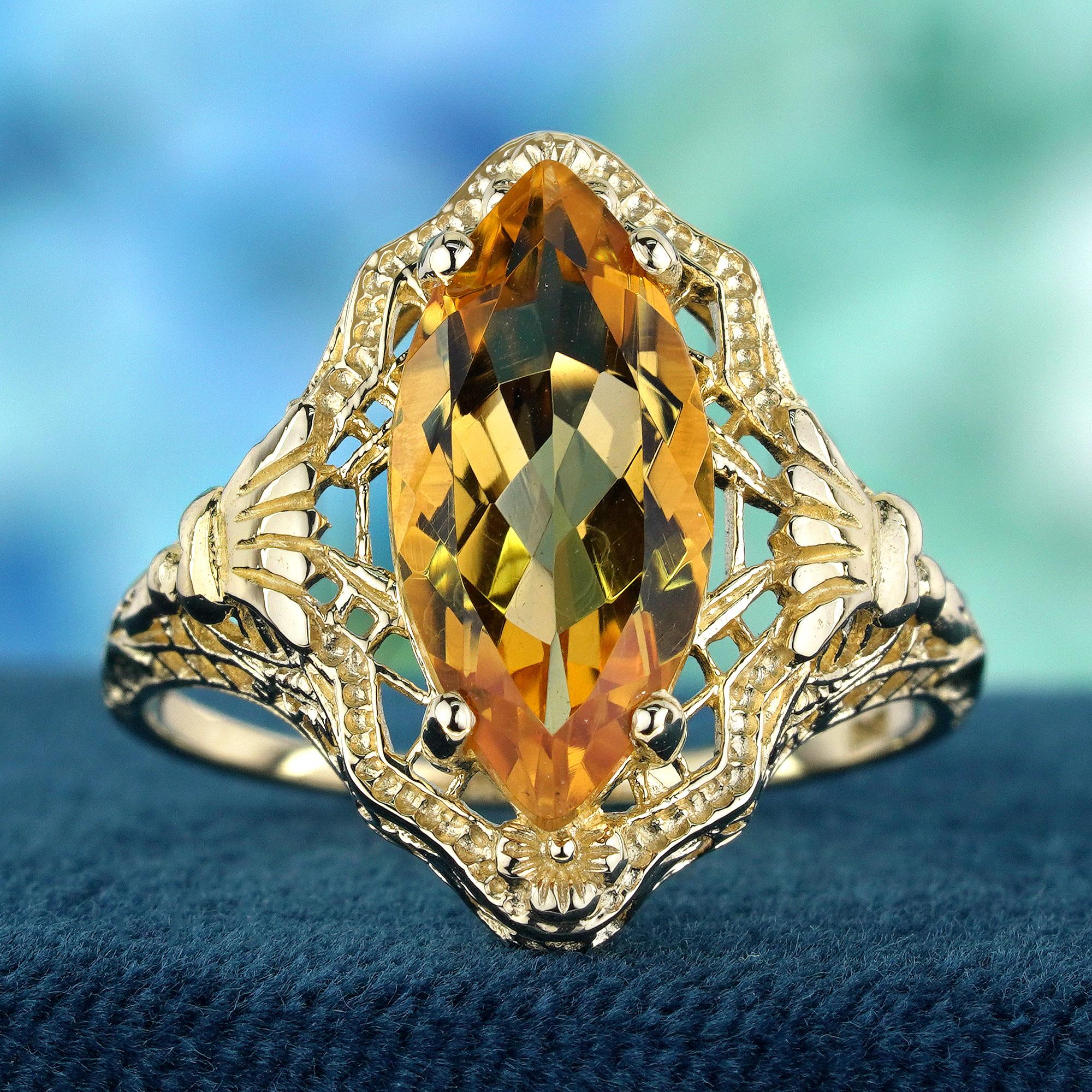 Edwardian Natural Marquise Citrine Vintage Style Filigree Ring in Solid 9K Yellow Gold For Sale