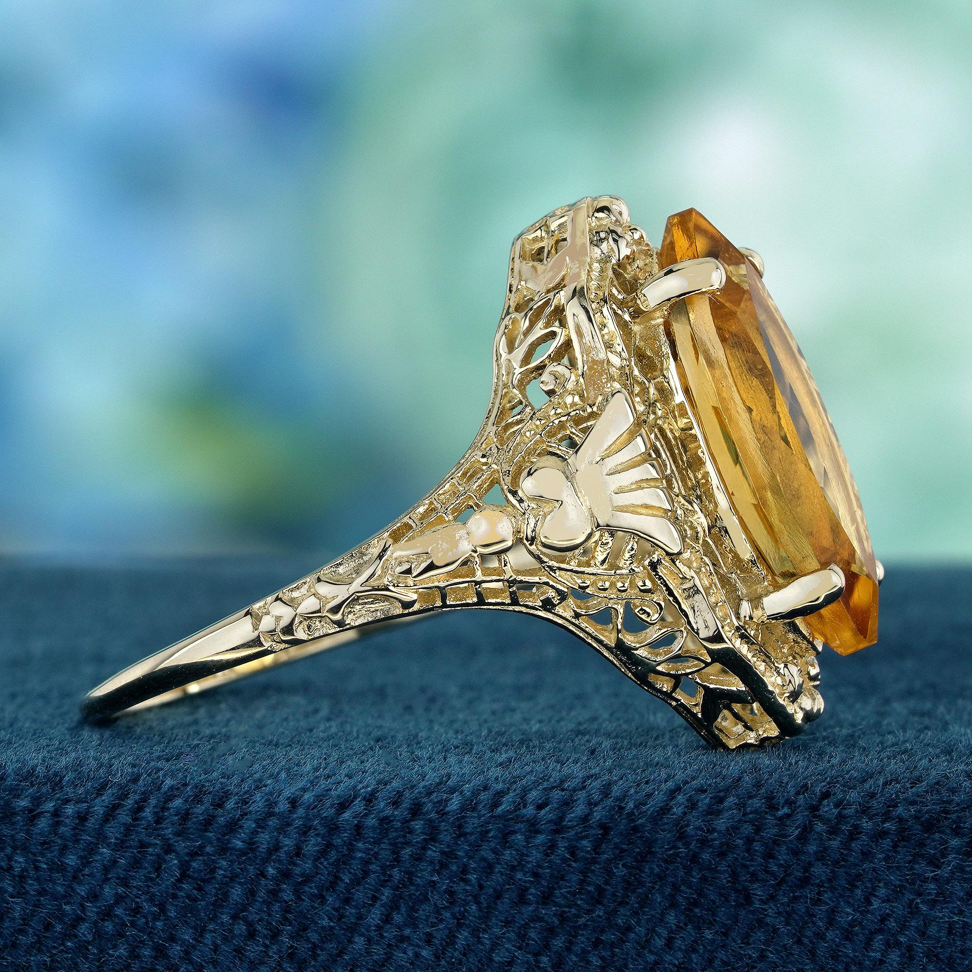 Marquise Cut Natural Marquise Citrine Vintage Style Filigree Ring in Solid 9K Yellow Gold For Sale