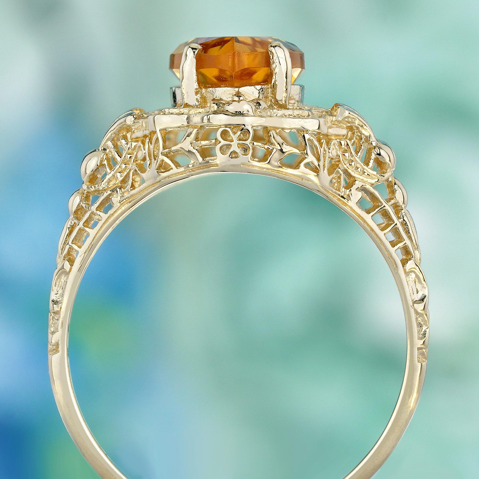 Natural Marquise Citrine Vintage Style Filigree Ring in Solid 9K Yellow Gold In New Condition For Sale In Bangkok, TH