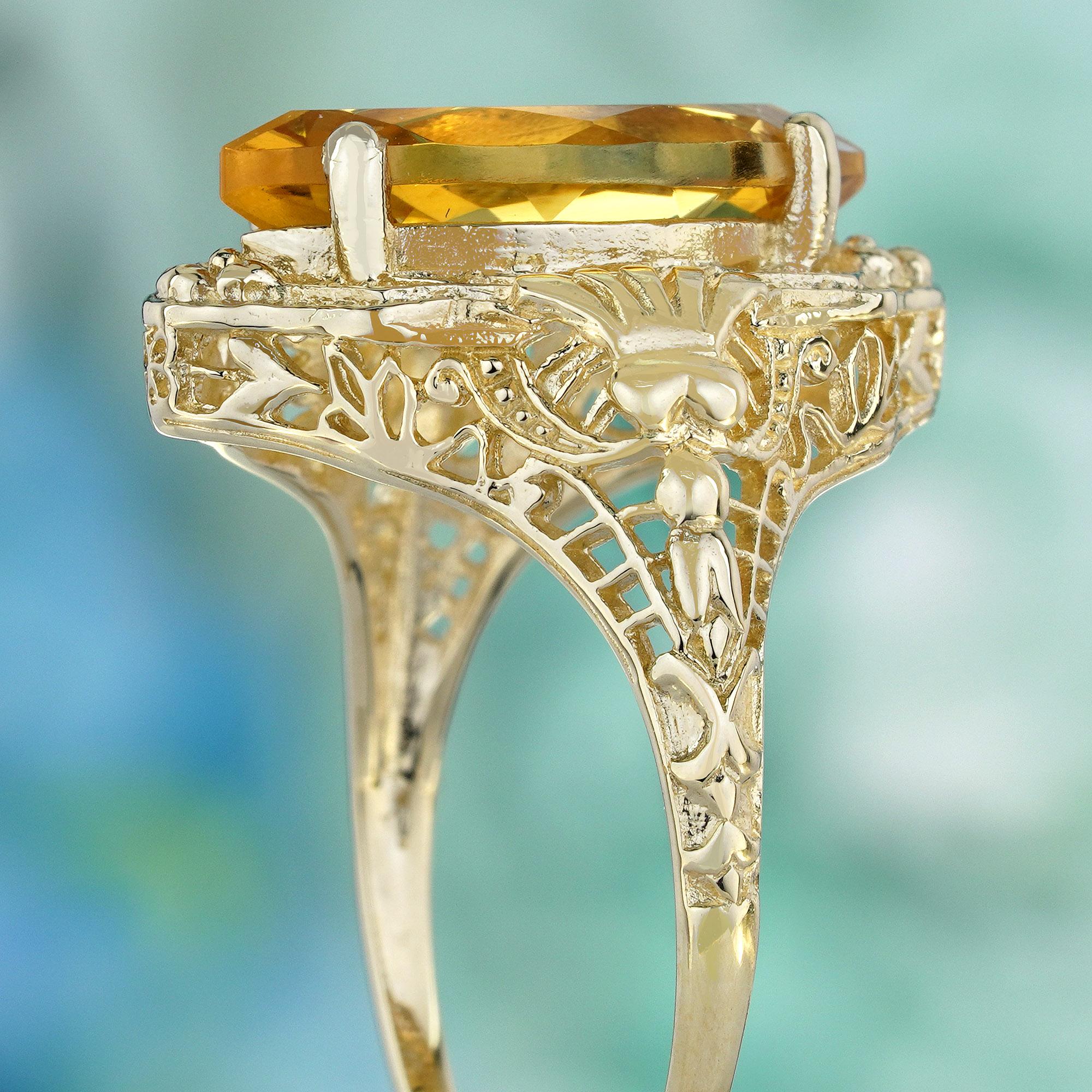 Women's Natural Marquise Citrine Vintage Style Filigree Ring in Solid 9K Yellow Gold For Sale
