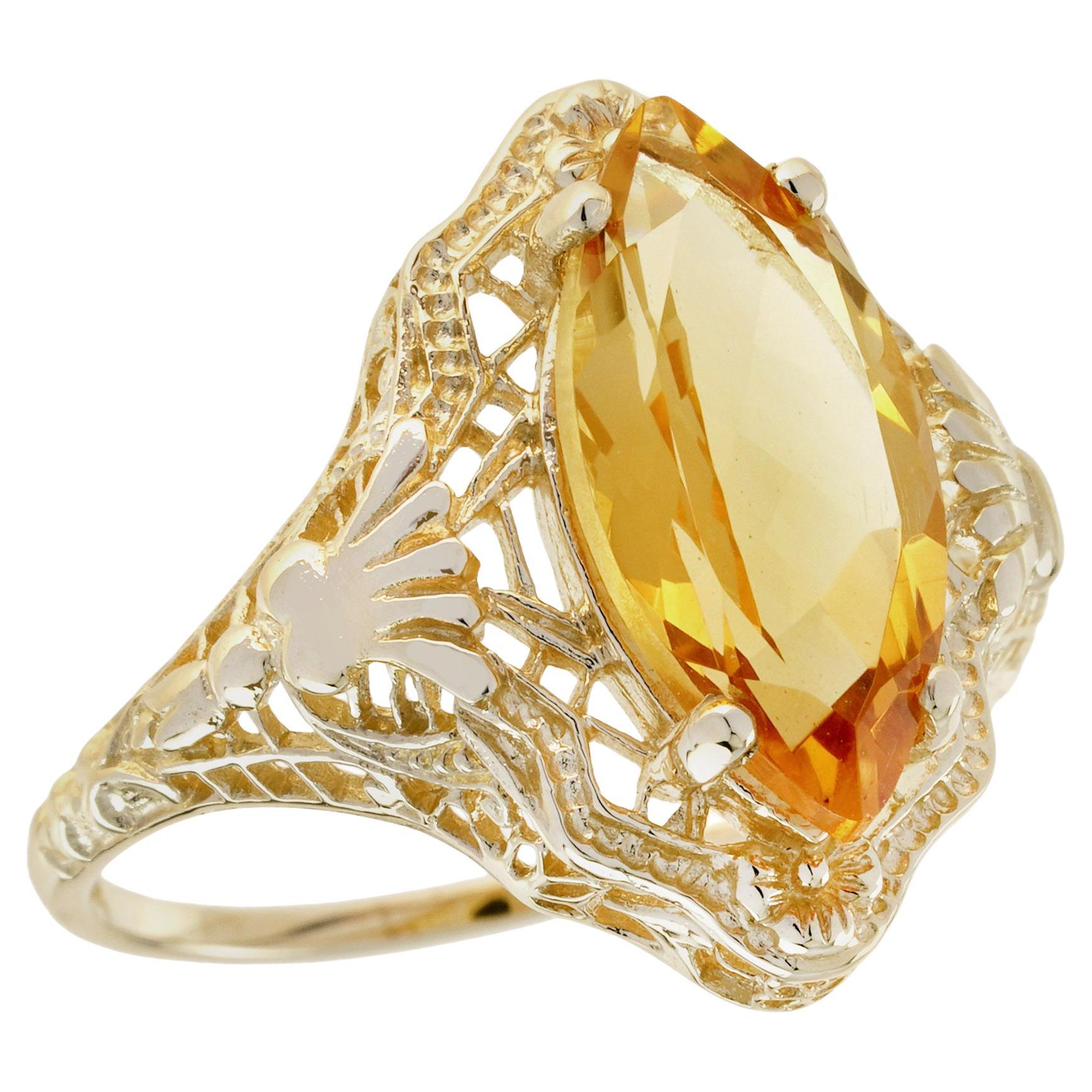 Natural Marquise Citrine Vintage Style Filigree Ring in Solid 9K Yellow Gold