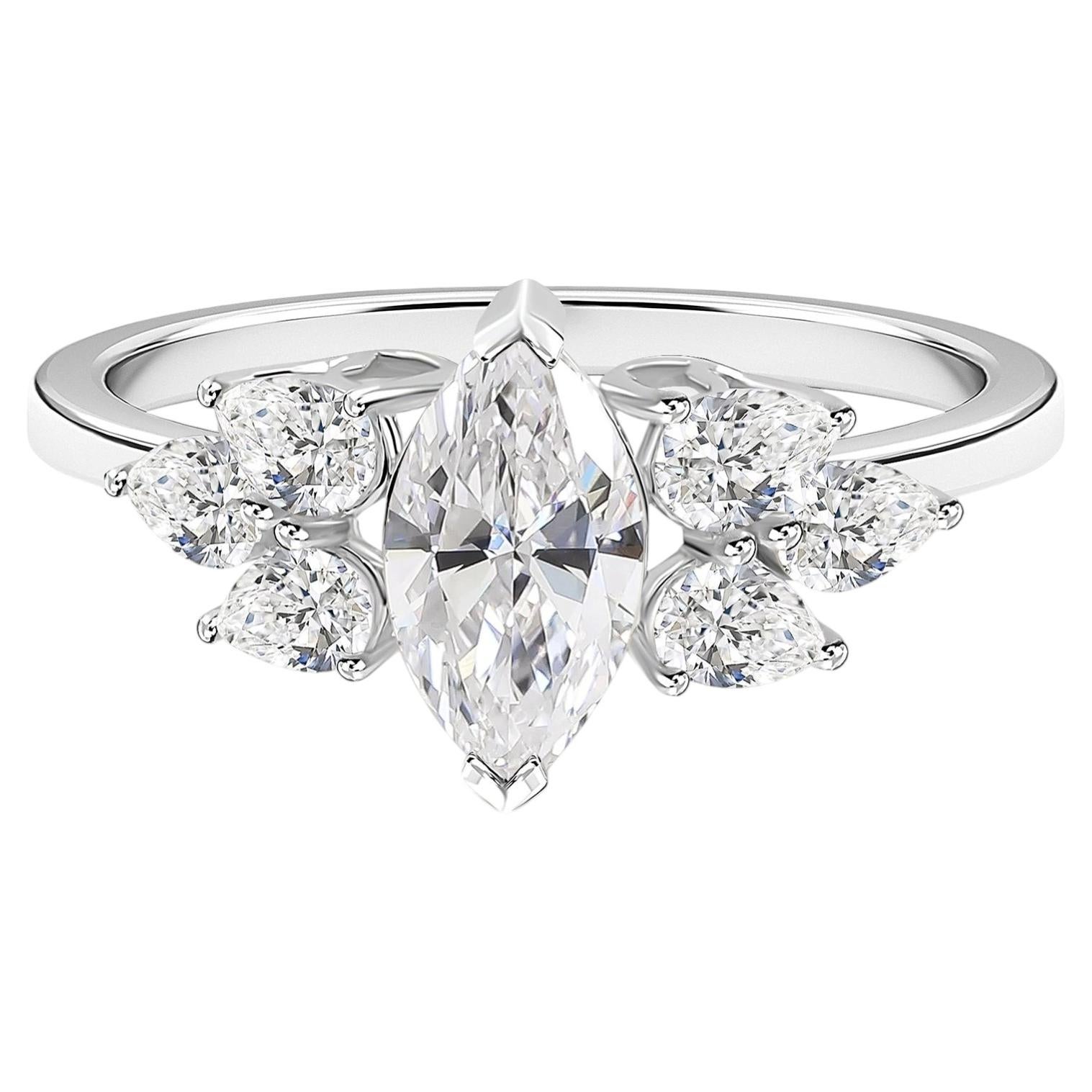 Natural Marquise Cut Diamond Floral Cluster Ring 18K White Gold Fine Jewelry